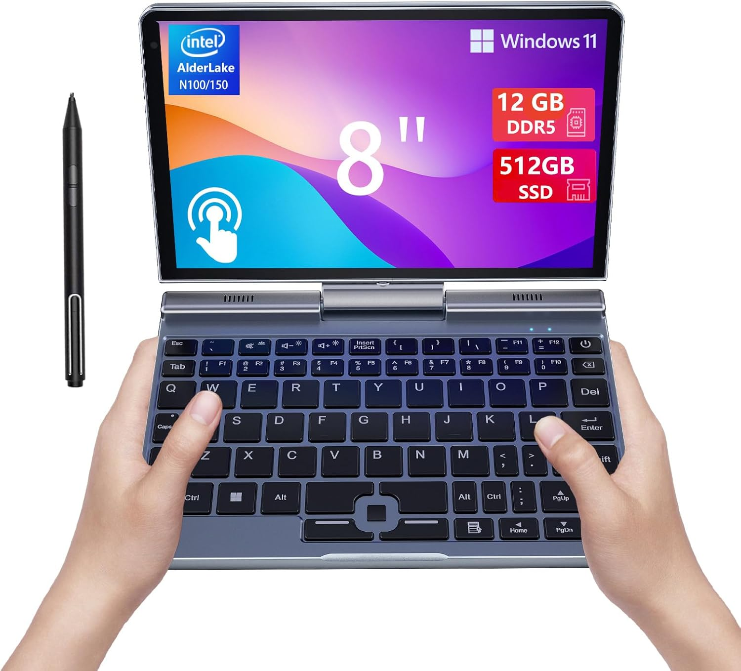 Mini Laptop 8 Inch HD Touchscreen Portable, Windows 11 Pro Small Gaming Laptop, N100 12 GB LPDDR5 512 GB M.2 SSD, Wi-Fi 6, BT 5.2 2 MP Camera, G-Sensor, HDMI, Type C image number 6