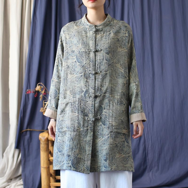 Women'S Vintage Chinese Style Cotton Linen Jacket Long Sleeve Frog Button Loose Leaf Print Tunic Top image number 2