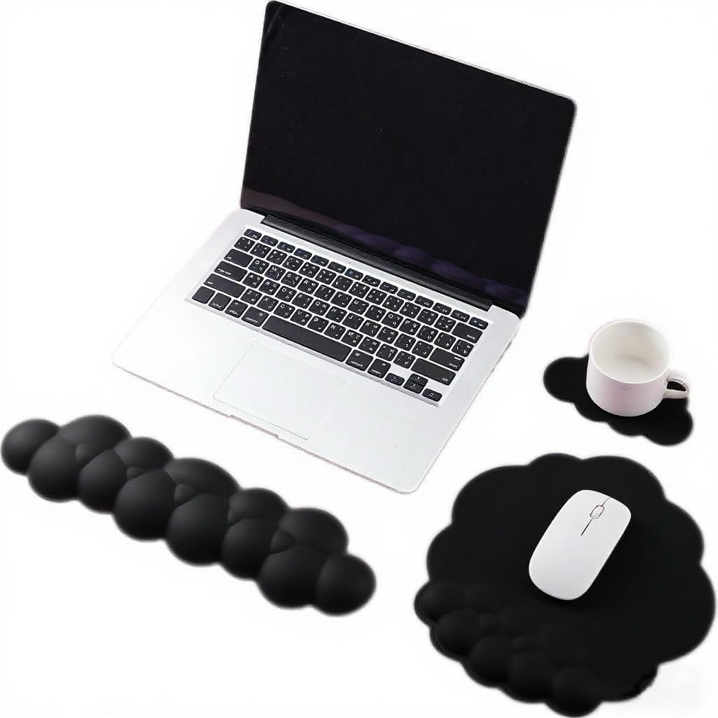 Levieny Cloud Keyboard Wrist Rest 3-Pc Set W/Mouse Pad & Cup Mat - 2025'S Evo Honeycomb Base - Ergo Non-Slip Purple Cushion for Pc/Gaming/Office（Black）