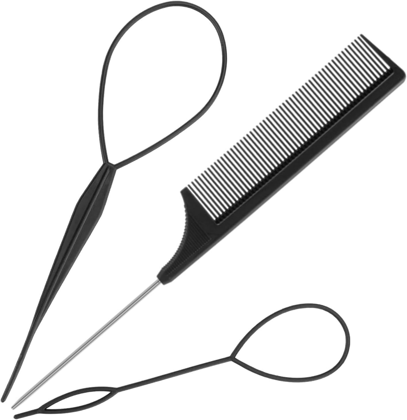 3Pcs Topsy Tail Hair Tool, Hair Braiding Tool French Braid Loop Tool, Rat Tail Comb Fast Hair Styling Accessories (Black) image number 2