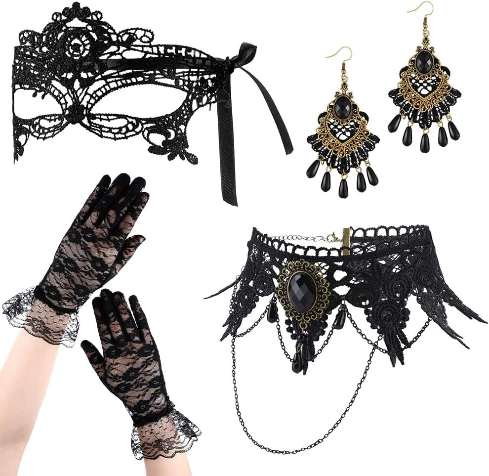 WOTOW 4Pcs Halloween Masquerade Costume, Women Girls Black Gothic Choker Lace Mask Elegant Mesh Lace Gloves Retro Earring for Victorian Steampunk Jewelry Party Wedding Cosplay Suit image number 1