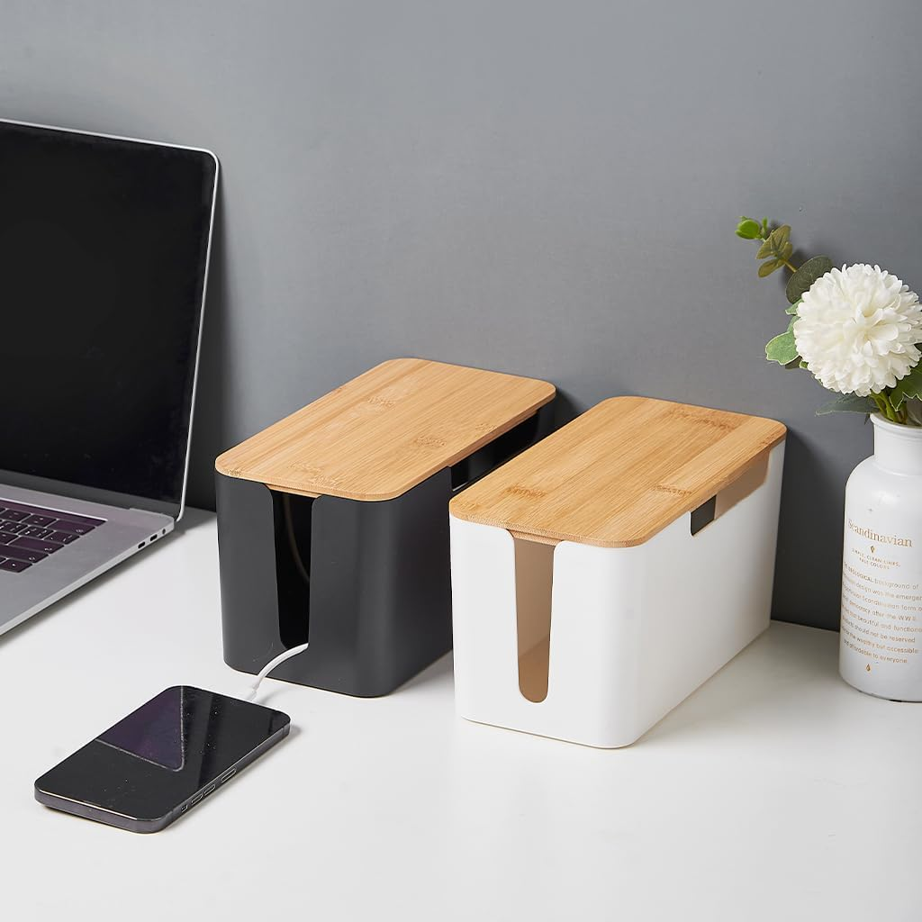 [Set of 2] Wood Cover Cable Management Box Set, Wire Ties Included to Organize Desk Cord Cables, Hide TV Computer Wires, Power Strips, USB Hub to Make Your Home, Office Neat and Clean (White)