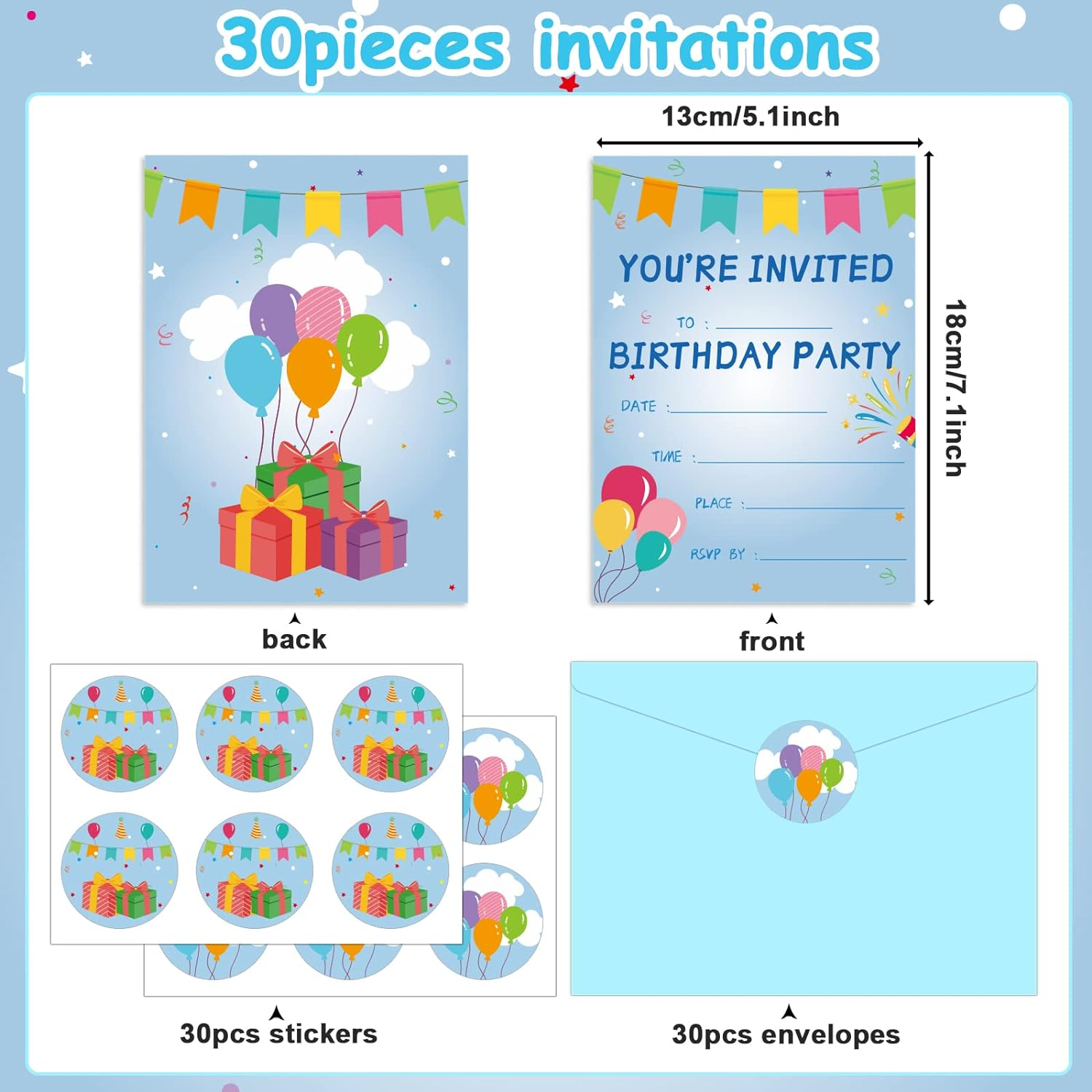30 Pack Birthday Party Invitations Set Boys Girls Kids Invite Cards with Envelopes Printed Birthday Invitations Supplies with Sticker Labels Decorations for Surprise Party Baby Shower Boys Party