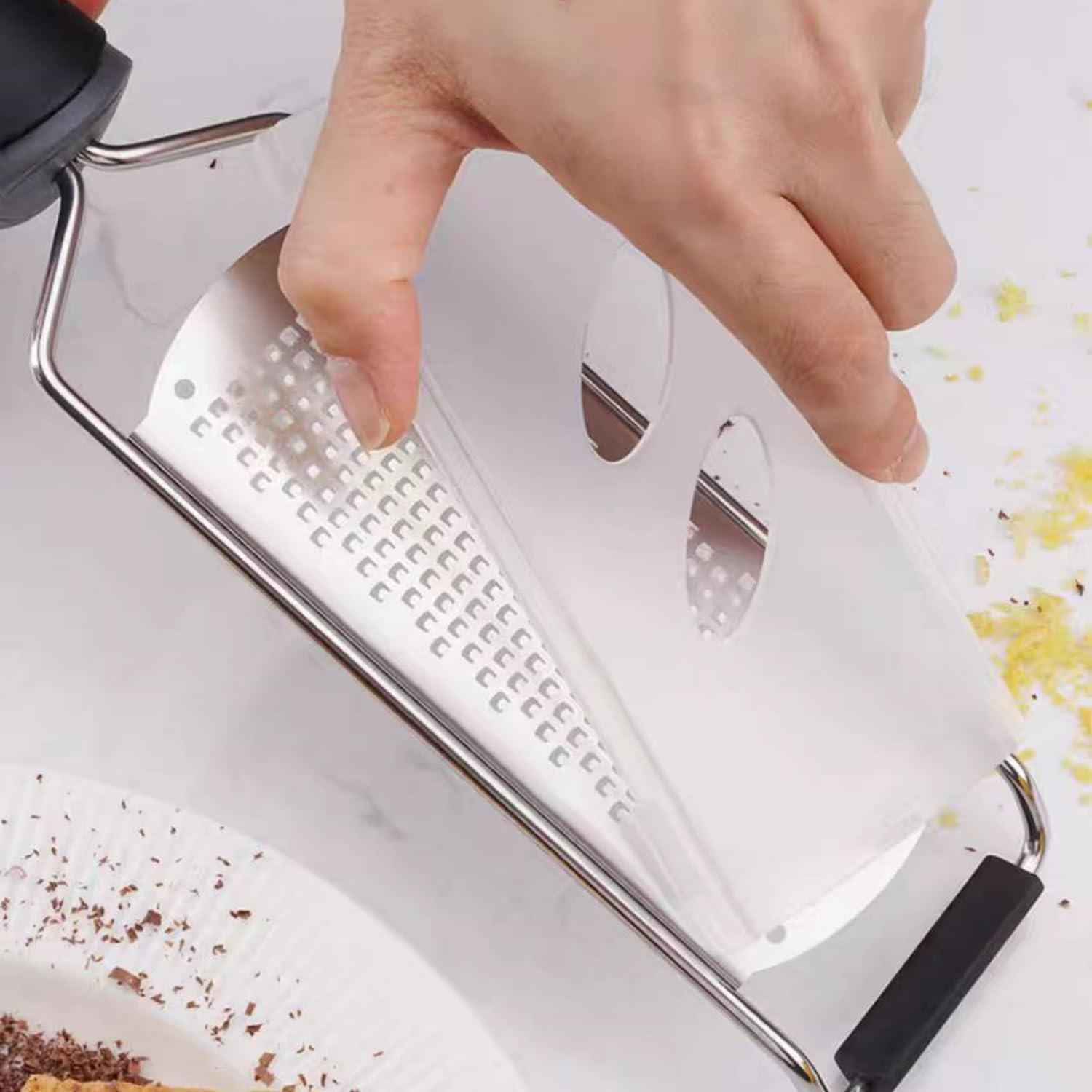 Stainless Steel Lemon & Cheese Grater - Professional Grater for Fruits, Vegetables & Chocolate - Includes Protective Sleeve & Cleaning Brush - Black - Red image number 7