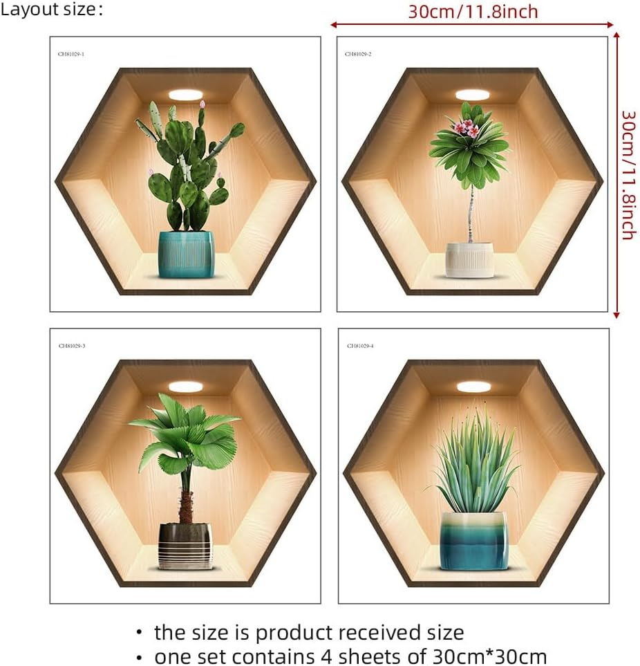 Imagitek 4 Pack 3D Green Plant Wall Decals 3D Cactus Wall Stickers for Living Room Bedroom Kitchen Decor image number 4