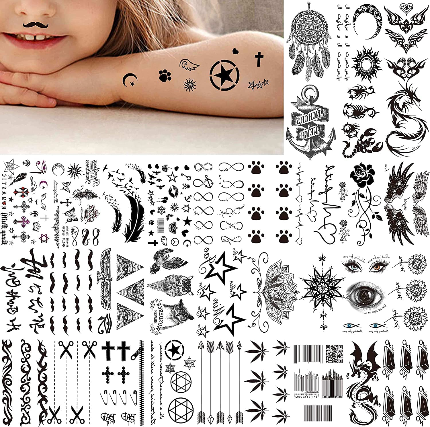 6 Sheets 3D Small Black Temporary Tattoos &ndash; Waterproof Fake Tattoo Stickers for Women, Men | Realistic Tiny Temporary Tattoos Stickers, Flower, Star, Birds Designs for Arms, Neck & Face