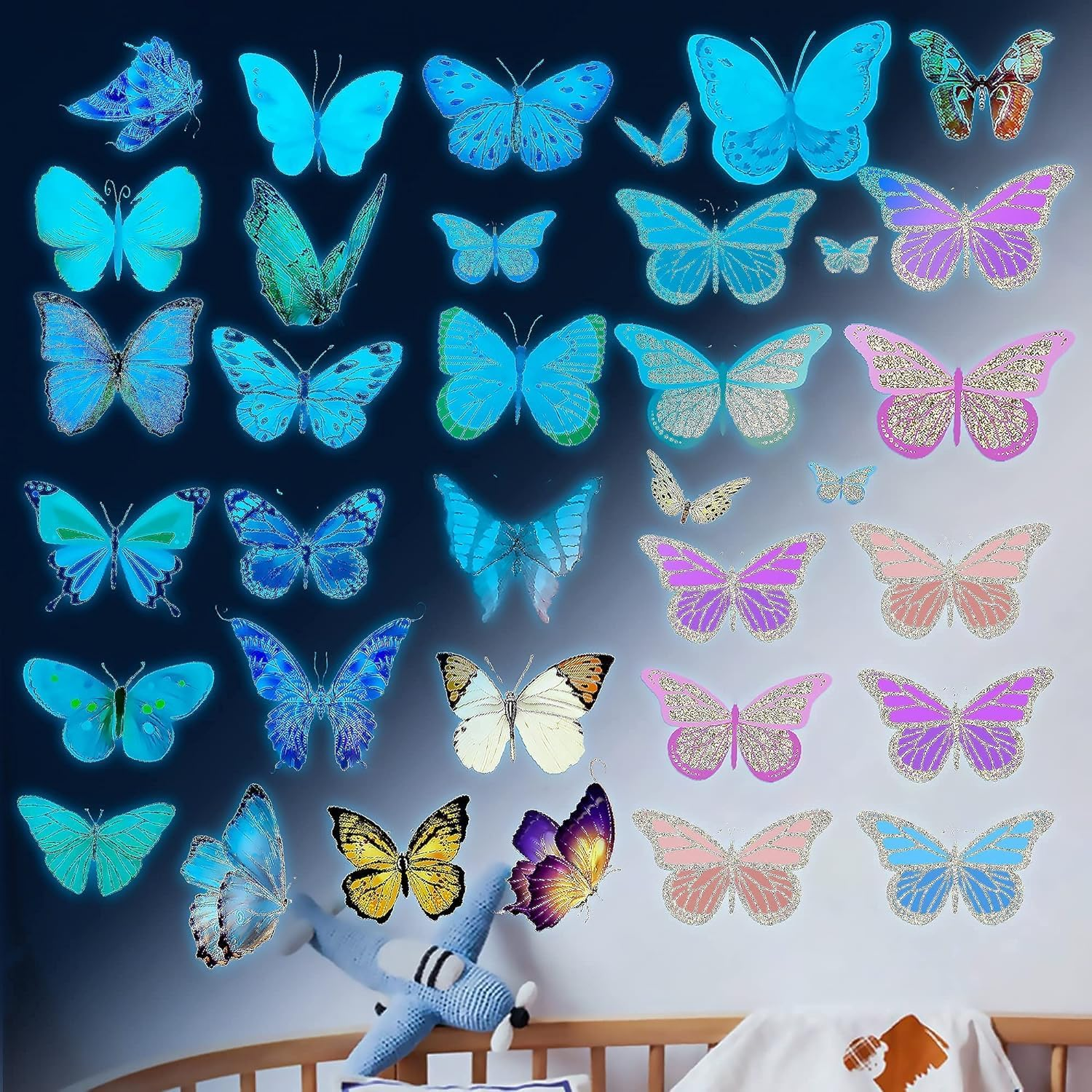 Glow Butterfly Wall Decor Stickers, 58Pcs Luminous Butterfly Wall Decals, Colorful Wall Art, DIY Glow in the Dark Wall Decals for Kids, Girls Bedroom, Bathroom Decorations (Sky Blue) image number 3