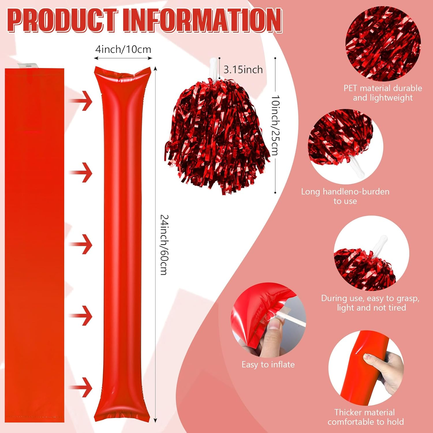 48 Pcs Cheerleading Pom Poms Thunder Sticks Hand Clappers Plastic Whistles with Lanyards Squawker Horns image number 1