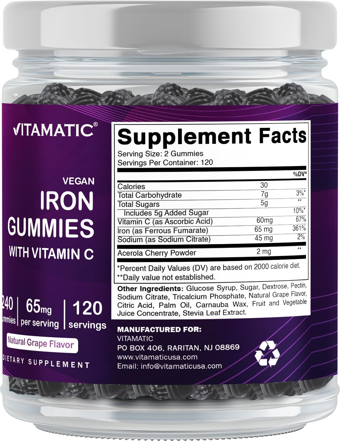 Vitamatic Iron 65 Mg Gummies Supplement for Women & Men - 240 Vegan Gummies - Great Tasting Iron Gummy Vitamins with Vitamin C image number 6