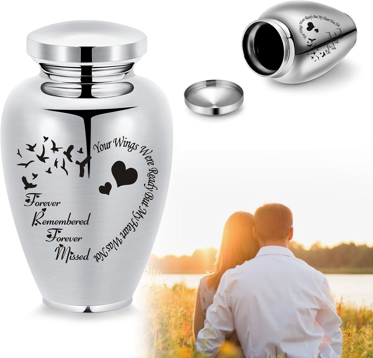 AIWENXI Pet Cremation Large Urns for Dog Cat Ashes Urns Keepsake Pet Large Urns for Dogs for Ashes Urns for Cats for Ashes (Silver, Bird Heart) image number 4