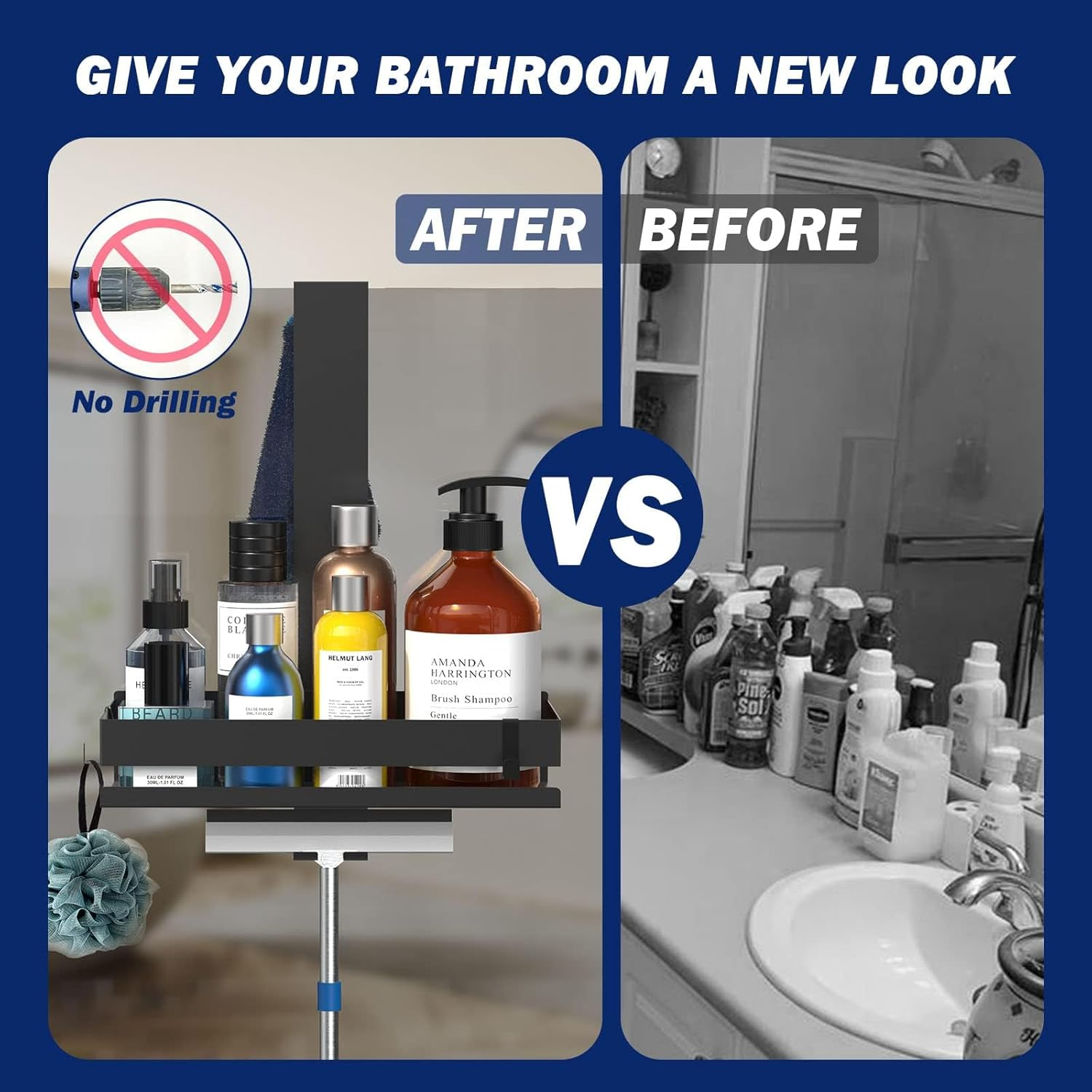 HOTOIQ Shower Caddy Hanging, Stainless Steel Shower Caddy without Drilling, Rustproof Hanging Shower Basket Holder with 2 Hooks and 4 Suction Cups for Frameless Glass Door(Black) image number 4