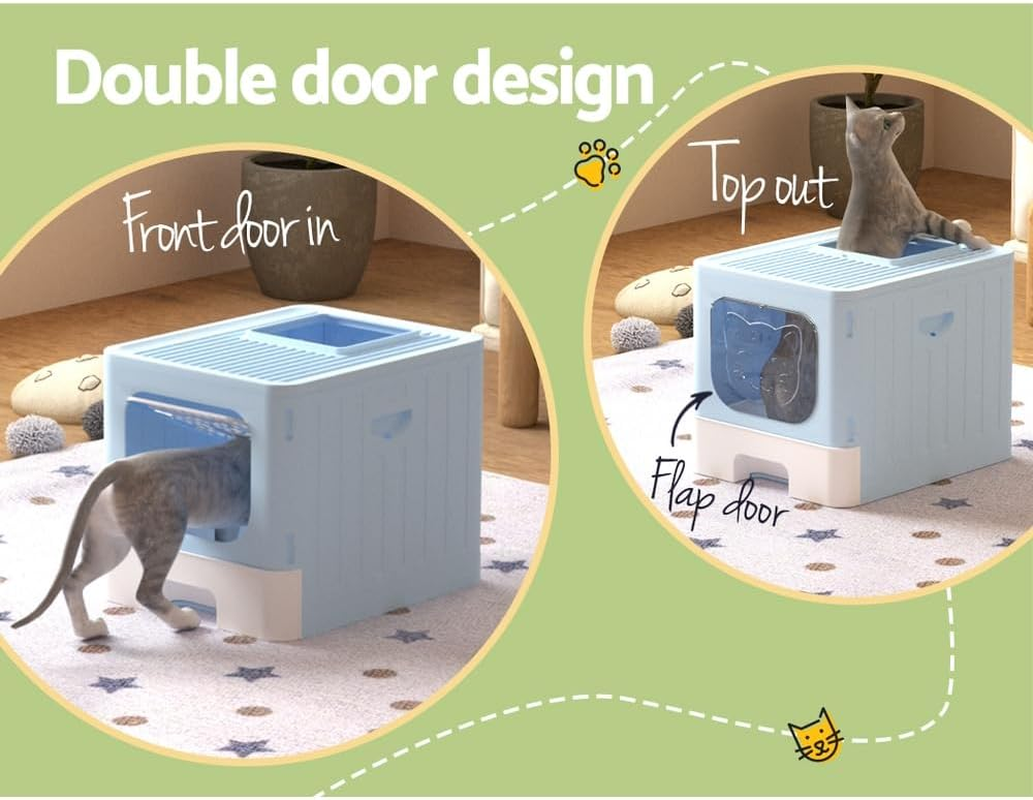 Large Cat Litter Box Enclosed Hooded Foldable Tray Kitty Toilet Scoop Blue image number 4