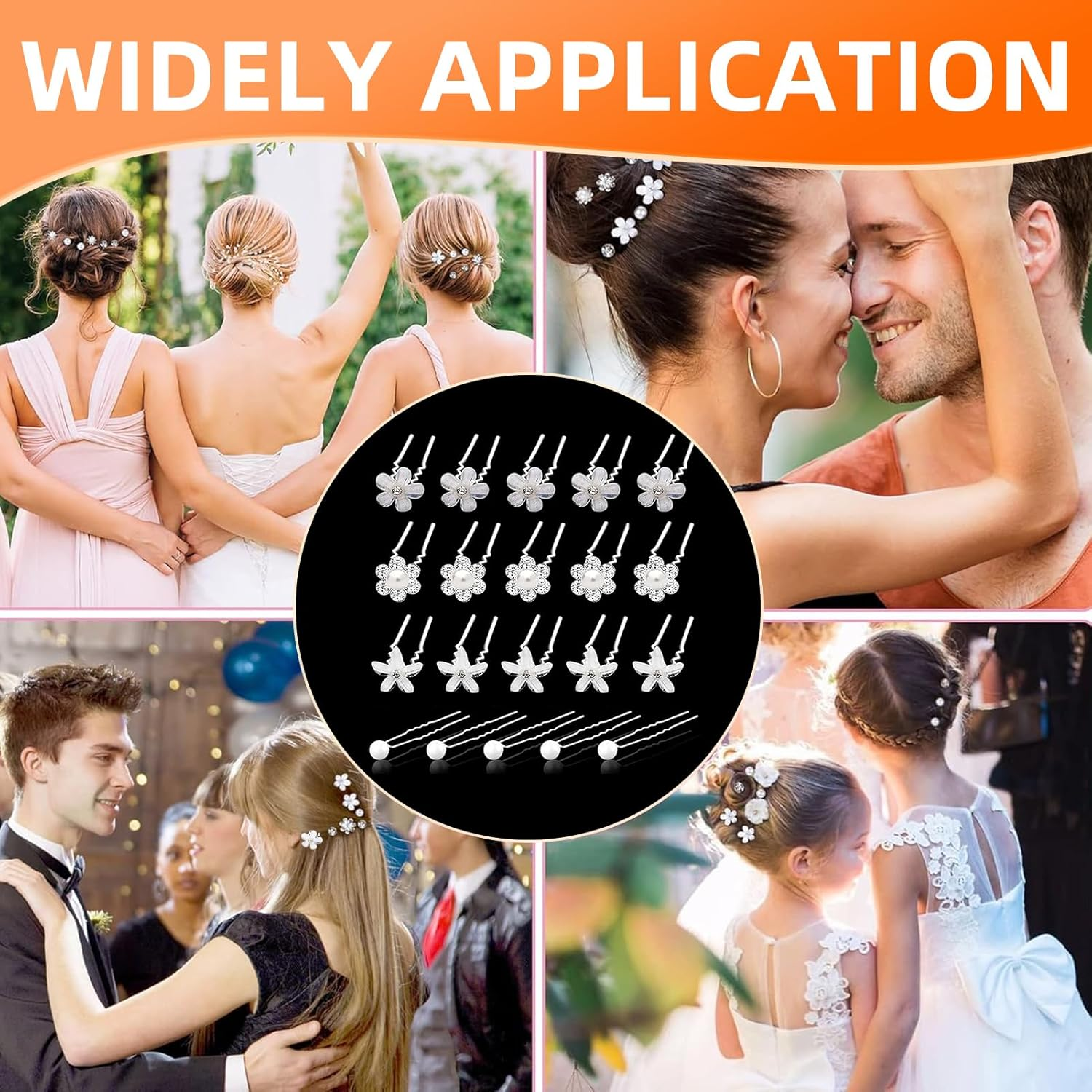 Pack of 20 Hair Pins with Pearls, 4 Sizes, U-Shaped Hair Accessories, Bridal Wedding Hair Pins, Crystal Flower Hair Pin, Flowers, Pearls, Bridal Rhinestone Hair Pin for Women and Girls, Wedding, Prom image number 3