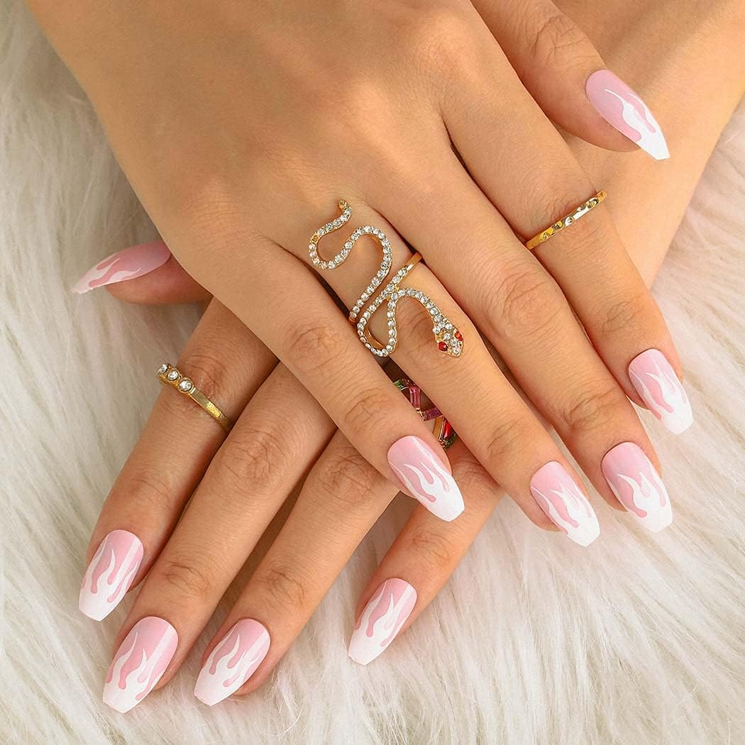 Sethexy Flame False Nail Medium Ballerina False Fingernails Pink Press on Nails Pack of 24 Shiny Acrylic Nails for Women and Girls image number 2