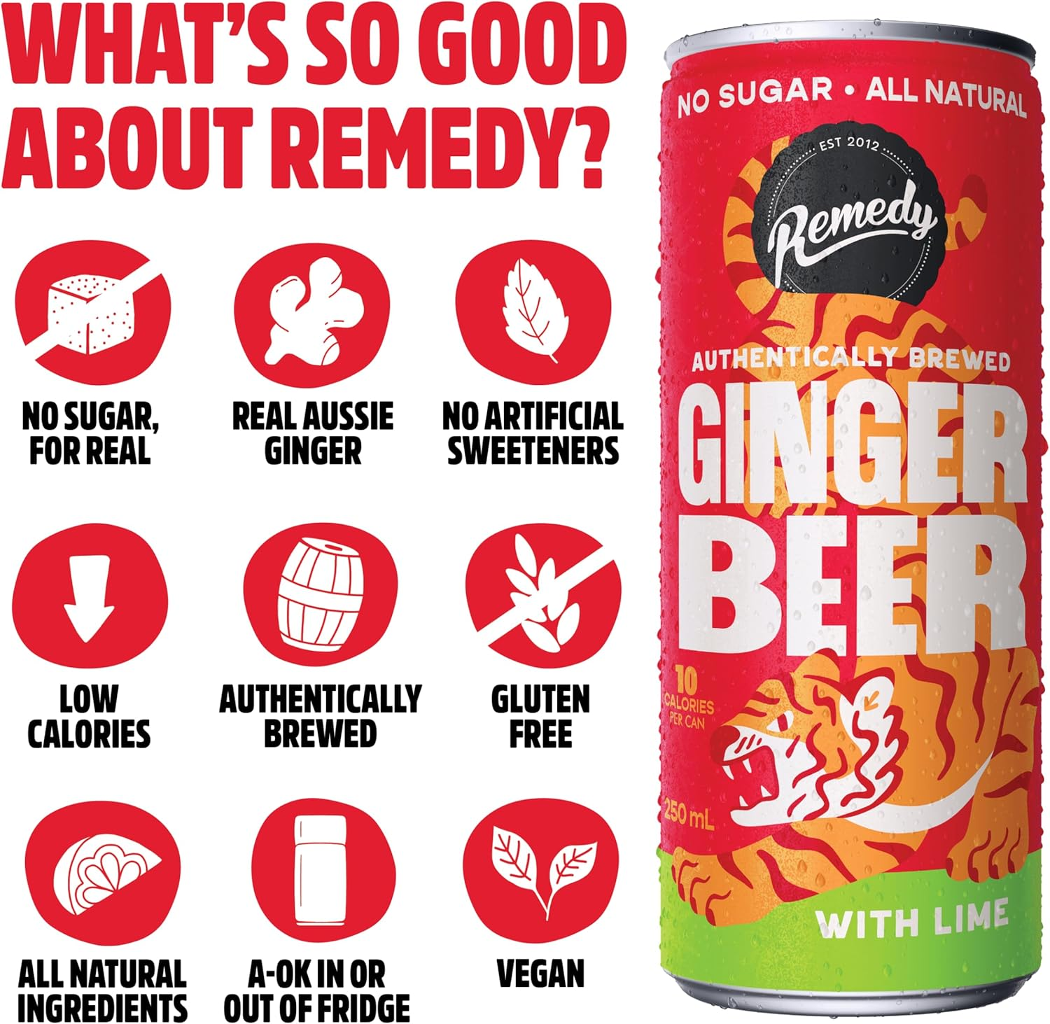 Remedy Ginger Beer with Lime - No Sugar, Real Aussie Ginger, Vegan, Gluten Free, No Artificial Colour or Flavours - Non Alcoholic - 24 Pack of 250Ml Cans image number 1