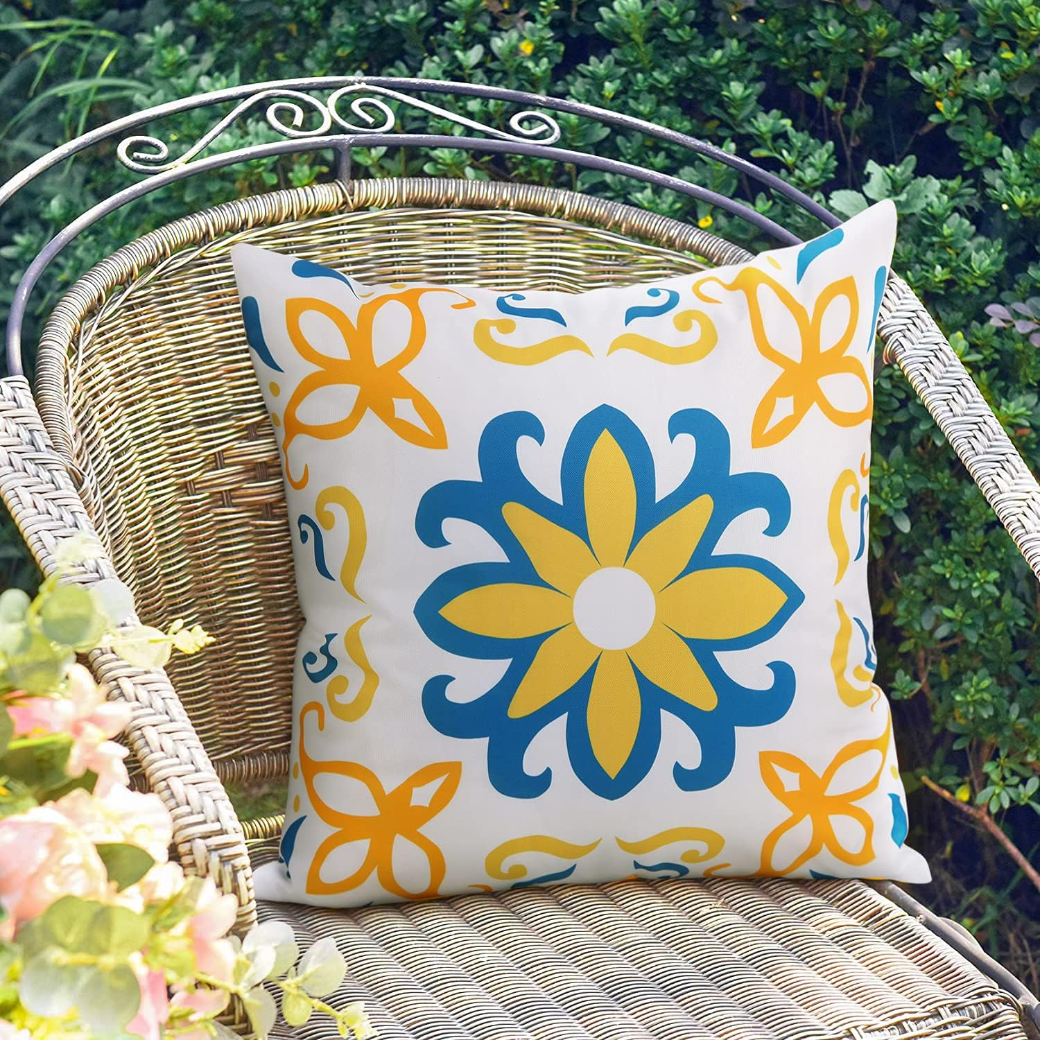 Outdoor Waterproof Throw Pillow Covers Set of 4 Floral Printed and Boho Farmhouse Outdoor Pillow Covers for Patio Funiture Garden 18X18 Inch Yellow image number 4