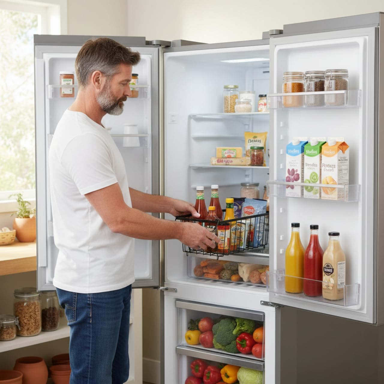 4 Pack Freezer Organiser Bins for Chest Freezer, Stackable Folding Metal Large Freezer Organizer Bins, Deep Freezer Drawer & Rack Baskets, Hanging Storage Fridge Organiser with Handles image number 6