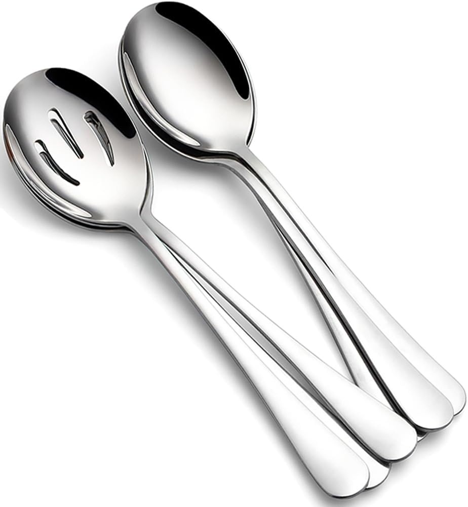 Tiokin Serving Spoons, 4 Pieces 22 Cm Large Spoon Set, Incudes 2 Serving Spoons, 2 Slotted Spoons, Metal Serving Utensils, Stainless Steel Serving Utensils for Party, Banquet, Kitchen, Dishwasher Safe image number 3