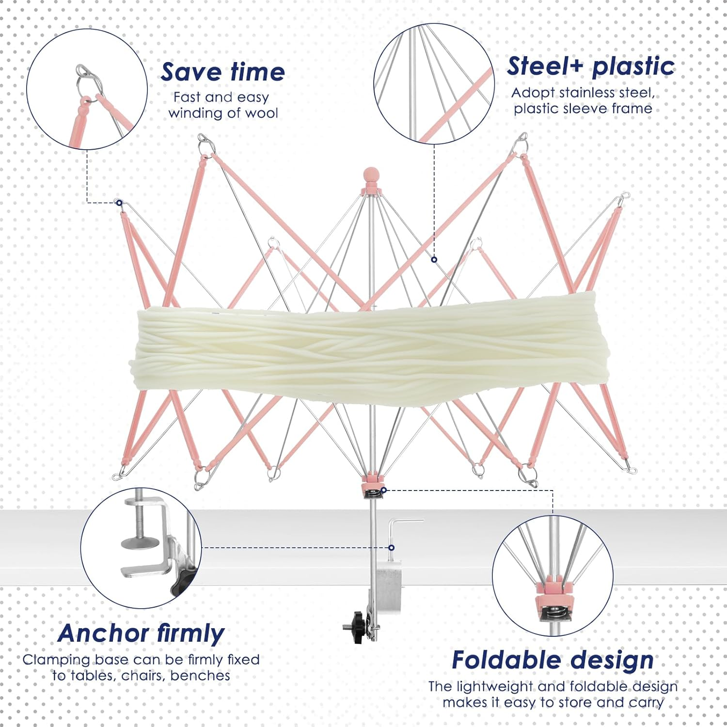 Yarn Winder, Umbrella Yarn Swift, with Table Clamp Portable Swift Winder, Essential Crochet Tools, Easy Setup and Low Noise for Skeins, Hand Operated Winding Frame (Pink) - Pink image number 3