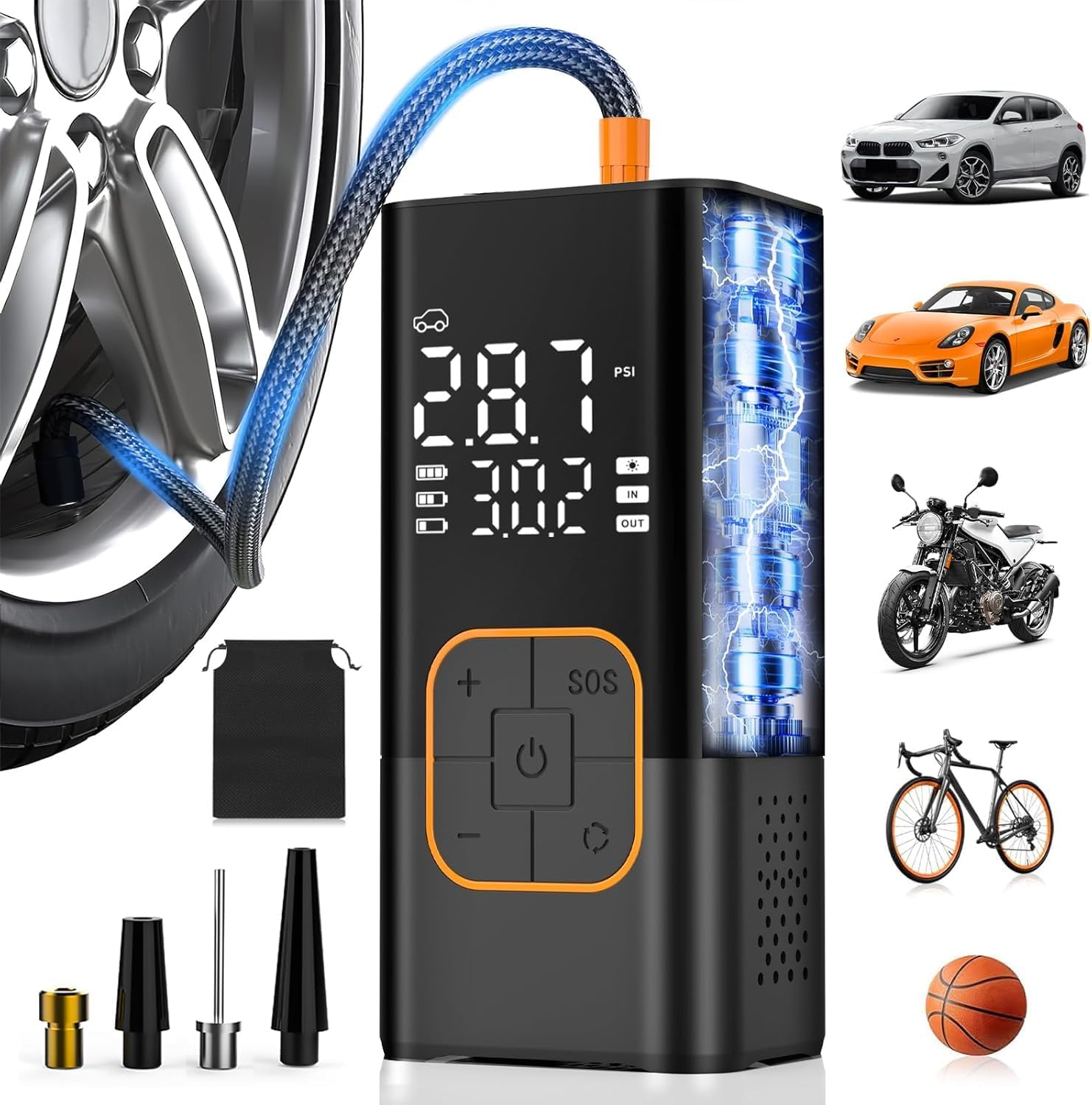 Cordless Tyre Inflator Air Compressor, Electric Bike Pump & Car Tyre Pump with Digital Pressure Gauge 150 PSI, Dual Values Display, LED Light, Portable Tyre Inflator for Car/Bicycle/Motocycle/Ball image number 4