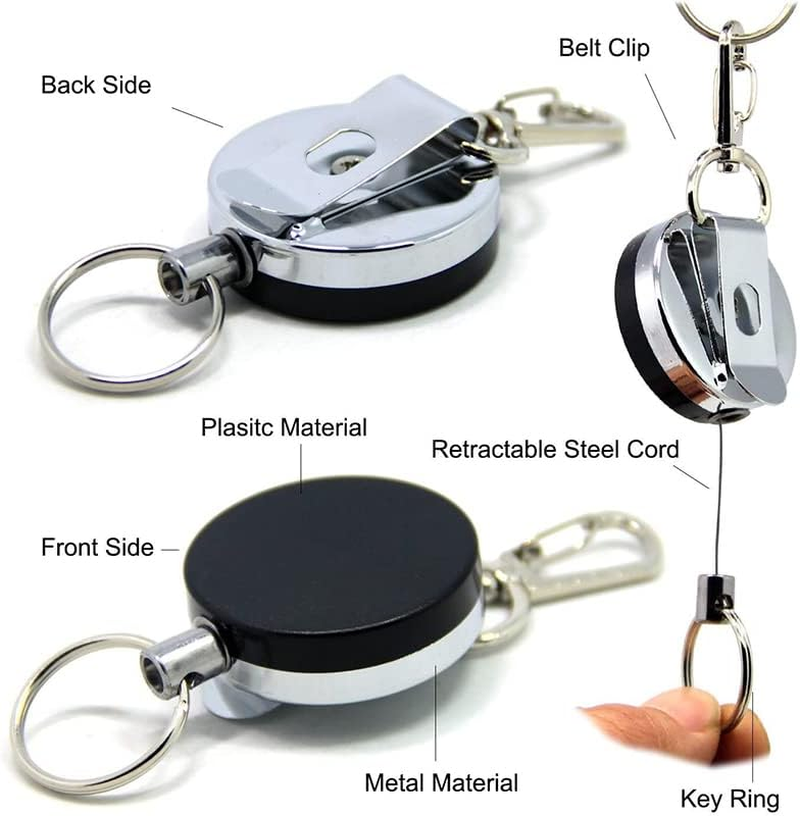 AIMALL 2-Pack Recoil Key Ring Retractable Chain, 18-Inch Heavy-Duty Metal Belt Clip Extendable Keyring with ID Pull Holder Reel, Black & Silver image number 4