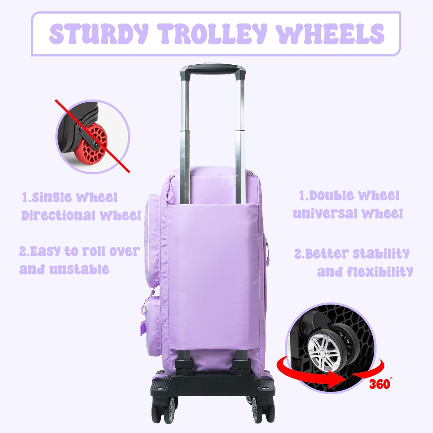 Rolling Duffle Bag with Wheels Women Travel Bag with Wheels Weekender Bags for Women with Toiletry Bag, Purple - Off White image number 5