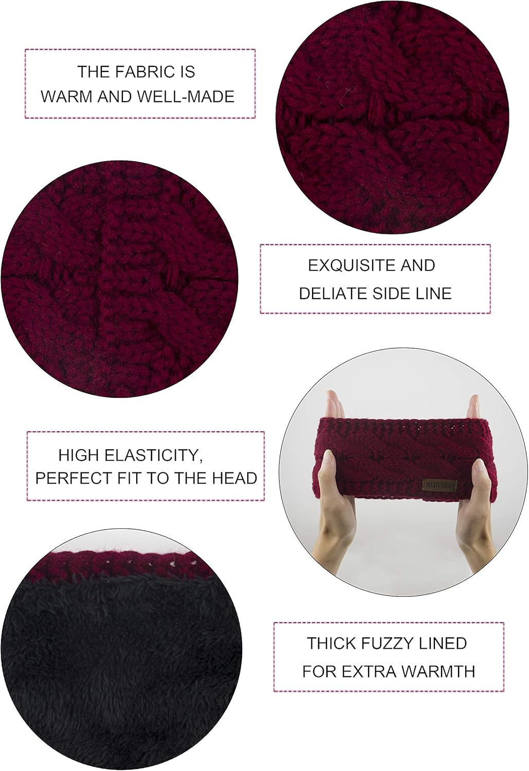 Muryobao Women Winter Warm Headband Fuzzy Fleece Lined Stretch Thick Cable Knit Head Wrap Ear Warmer (Wine Red) image number 4