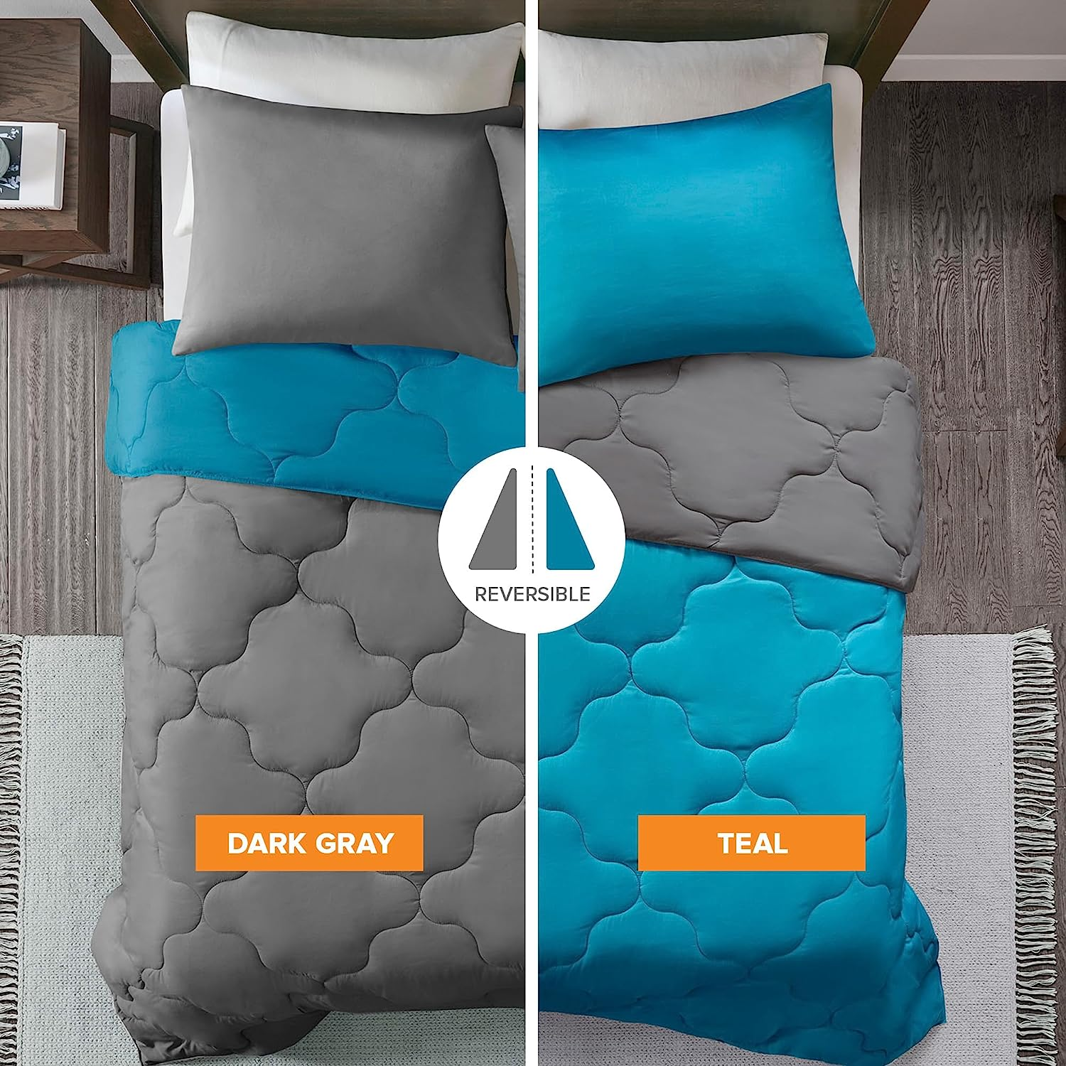 Comfort Spaces Vixie Reversible Comforter Set - Trendy Casual Geometric Quilted Cover, All Season down Alternative Cozy Bedding, Matching Sham, Teal/Charcoal, Full/Queen 3 Piece image number 3