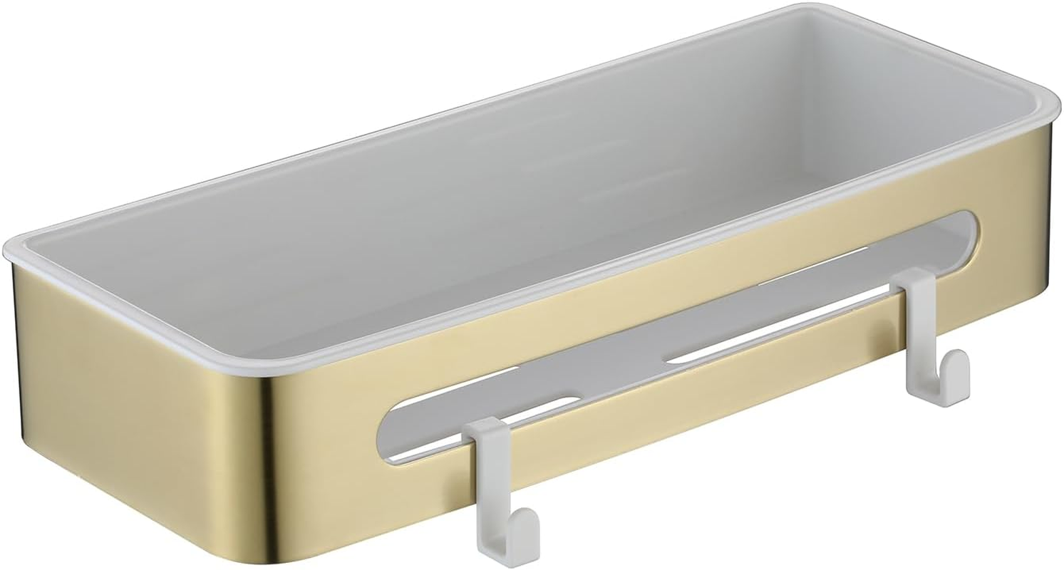 Decaura Shower Caddy Stainless Steel, Wall Mounted Shower Basket with Removable Plastic Liner, Bathroom Organizer with Hooks, Rustproof, Brushed Gold