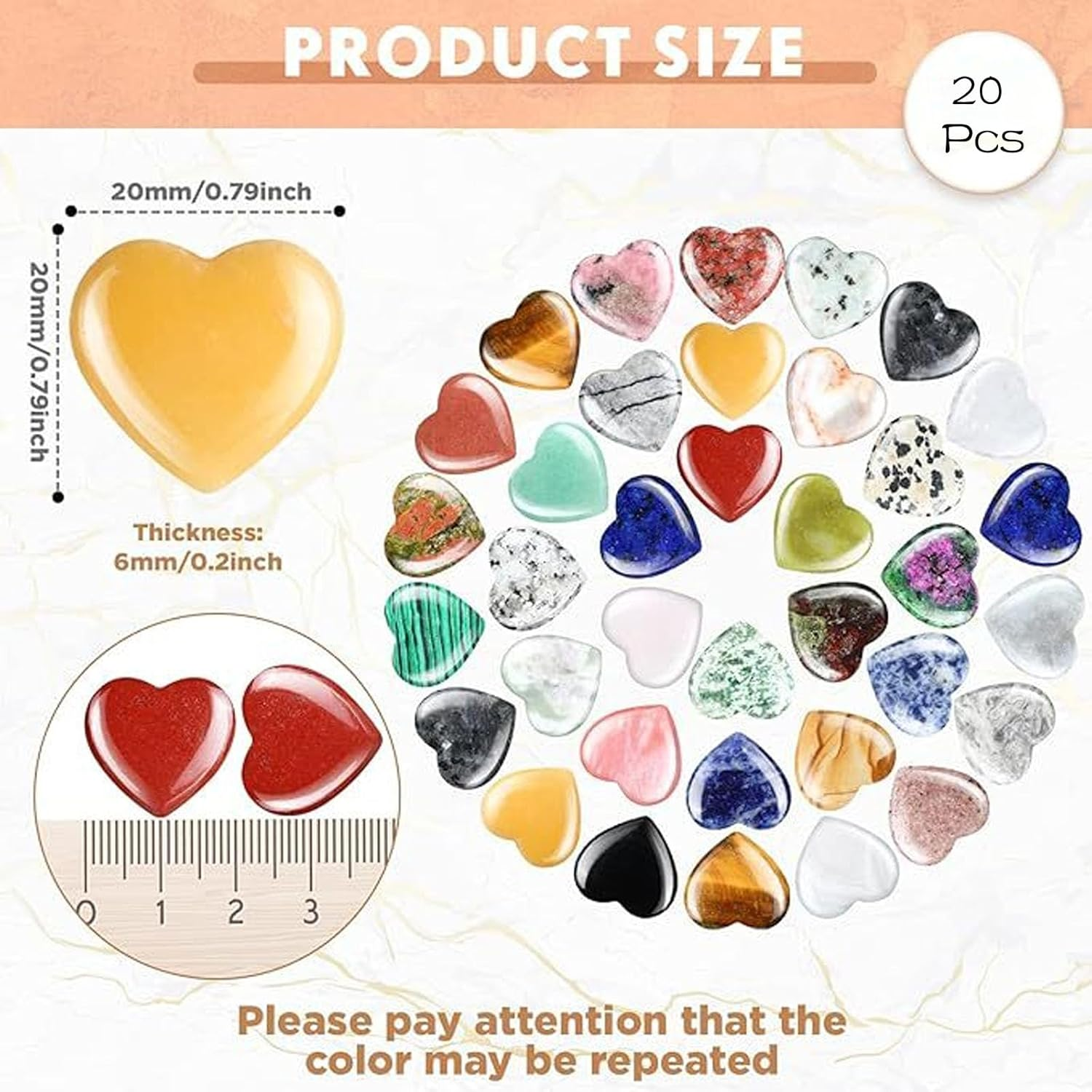 20Pcs Heart Shaped Worry Stones, Mixed Natural Stones, Multiple Colors, DIY Jewelry, Meditation, Gift image number 3