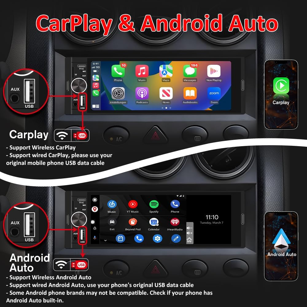 Junsun Single DIN Car Stereo with Carplay and Android Auto, Radio 1 Din with Reversing Camera FM Type-C Port Function image number 2