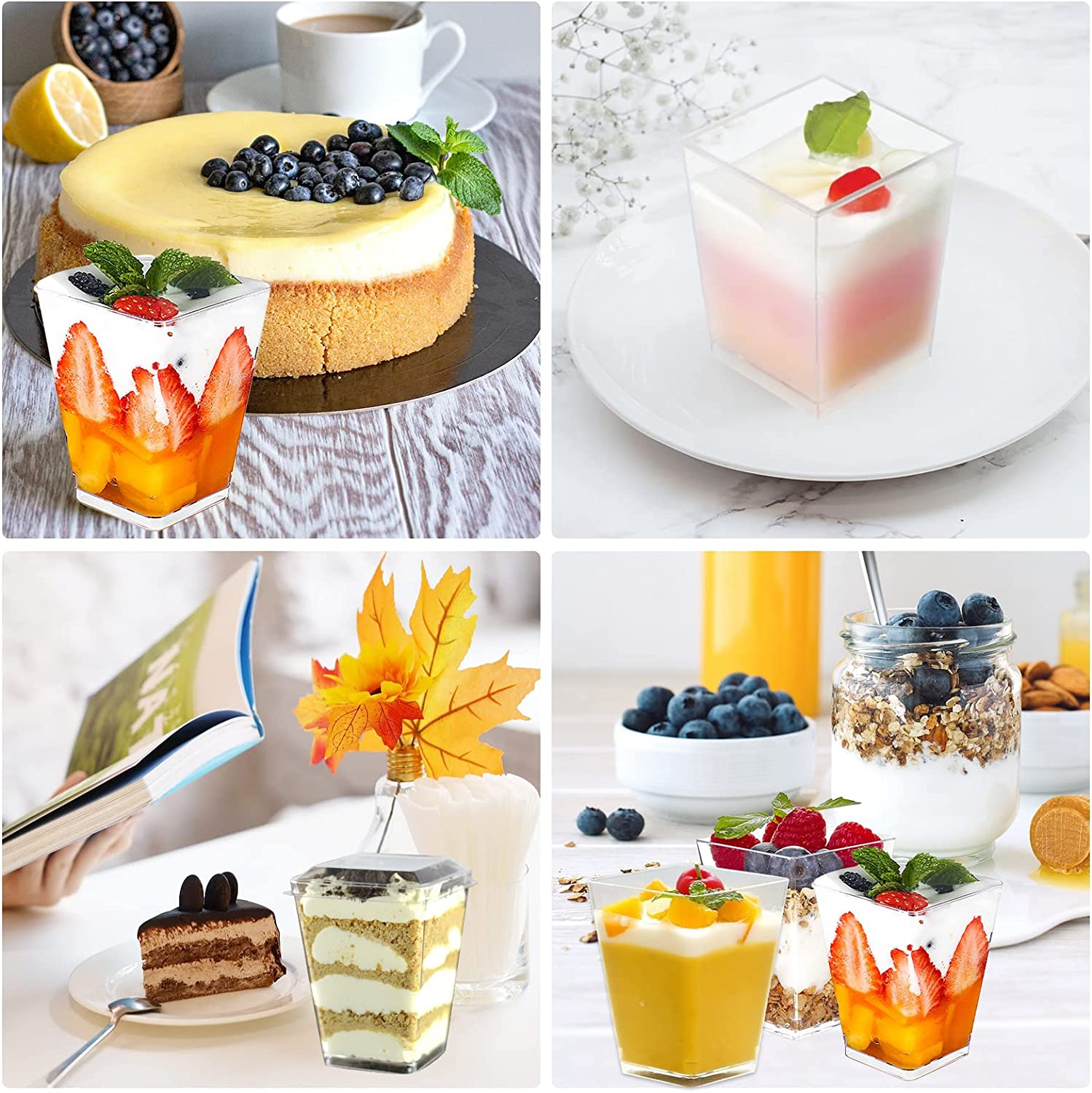 50 X 150Ml Dessert Cups with Lids & Spoons,Clear Plastic Square Cup - Small Reusable Serving Bowl for Tasting Party Shooters Desserts image number 4