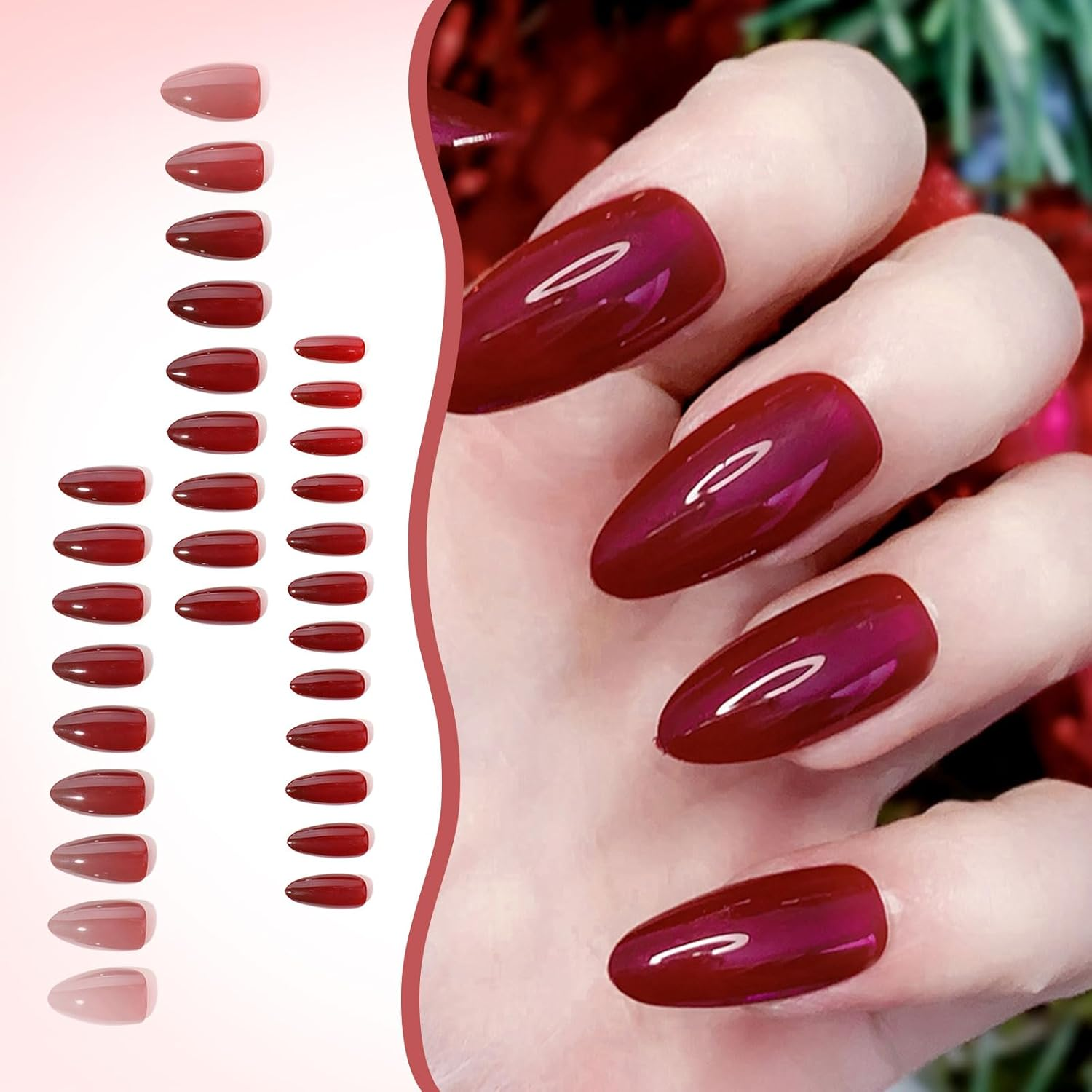 Lunarcharm Set of 30 Wine Red Press-On Nails, Short Almond False Nails, Reusable Nail Set with Nail Glue, Adhesive Tabs and Nail File, Red image number 1