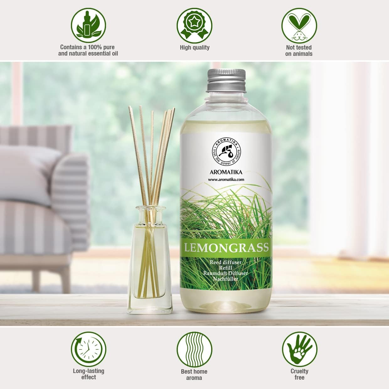 Reed Diffuser Refill Lemongrass 500Ml - Diffuser with Lemongrass Essential Oil - Scented Diffuser - Room Diffuser Refill - Home Fragrance - Fresh Fragrance image number 5