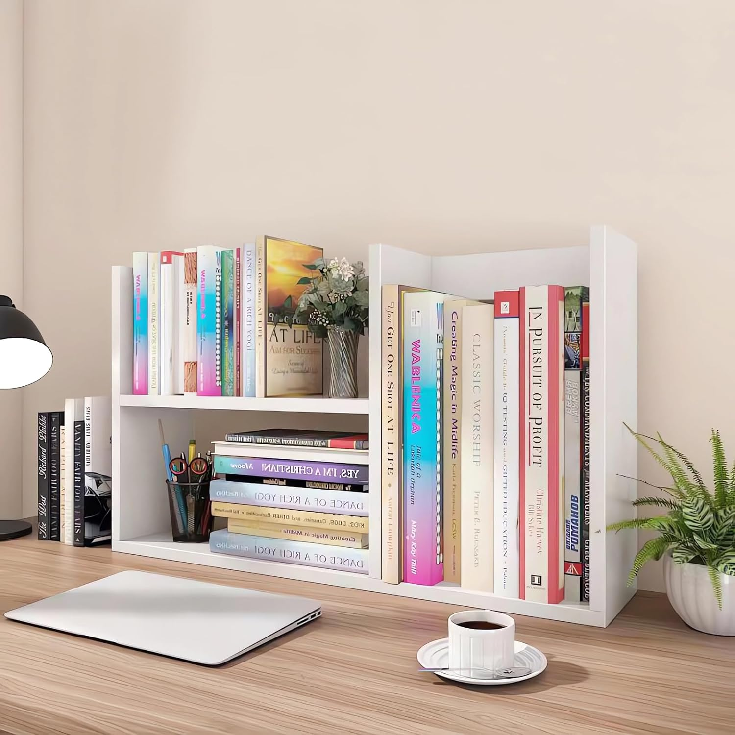 Desktop Organizer Rack, Office Desk Storage Shelf, Desktop Bookcase Wood Bookshelf, Wooden Bookshelve A70 (D White) image number 1