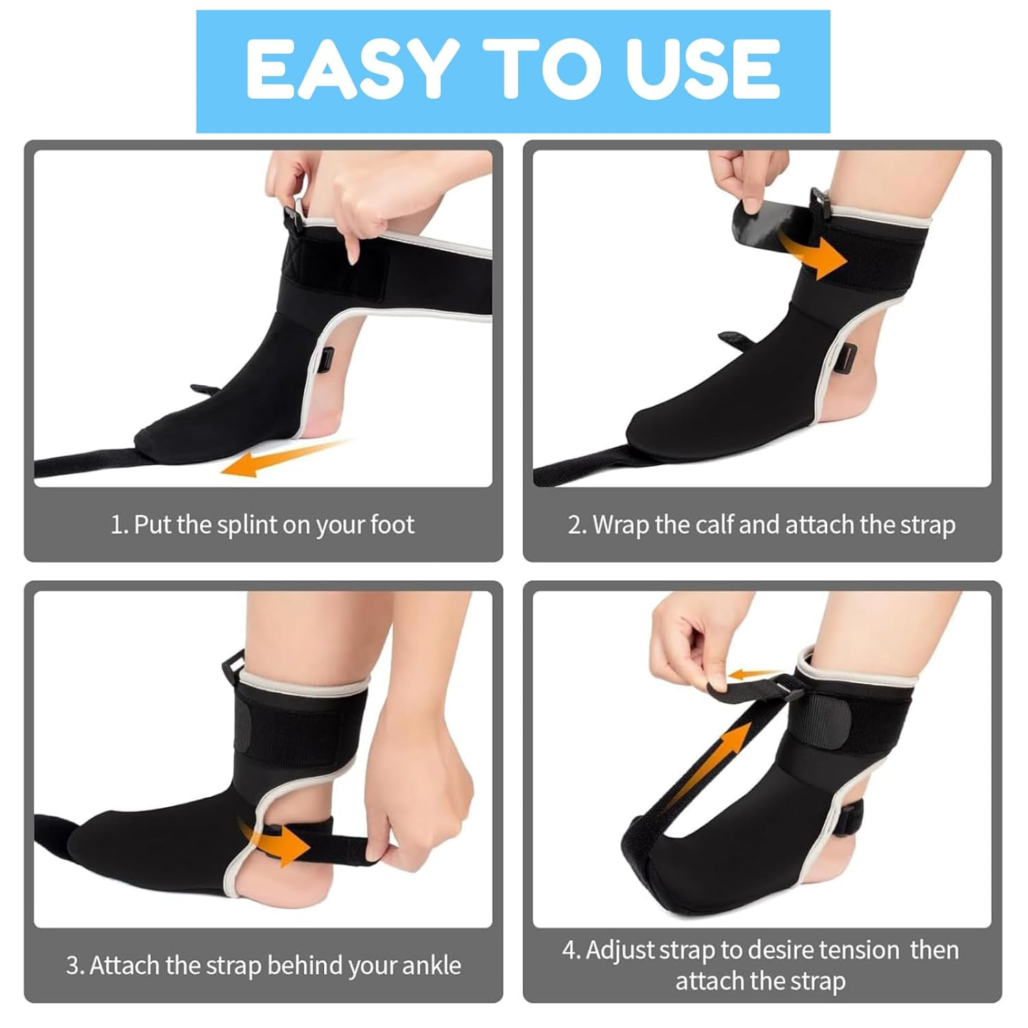 Adjustable Plantar Fasciitis Night Splint - Breathable Foot Brace with Arch Support for Heel Pain Relief, Men/Women (Black) image number 4