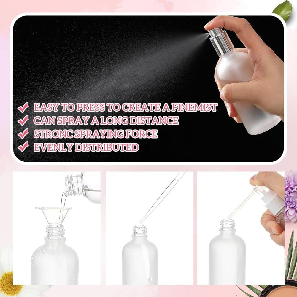 Frosted Glass Spray Bottles, Refillable Perfume Atomizer with Dispenser Kit, Leak-Proof Fine Mist Travel Bottles for Fragrance, Essential Oils (Silver*2, 100Ml) image number 2