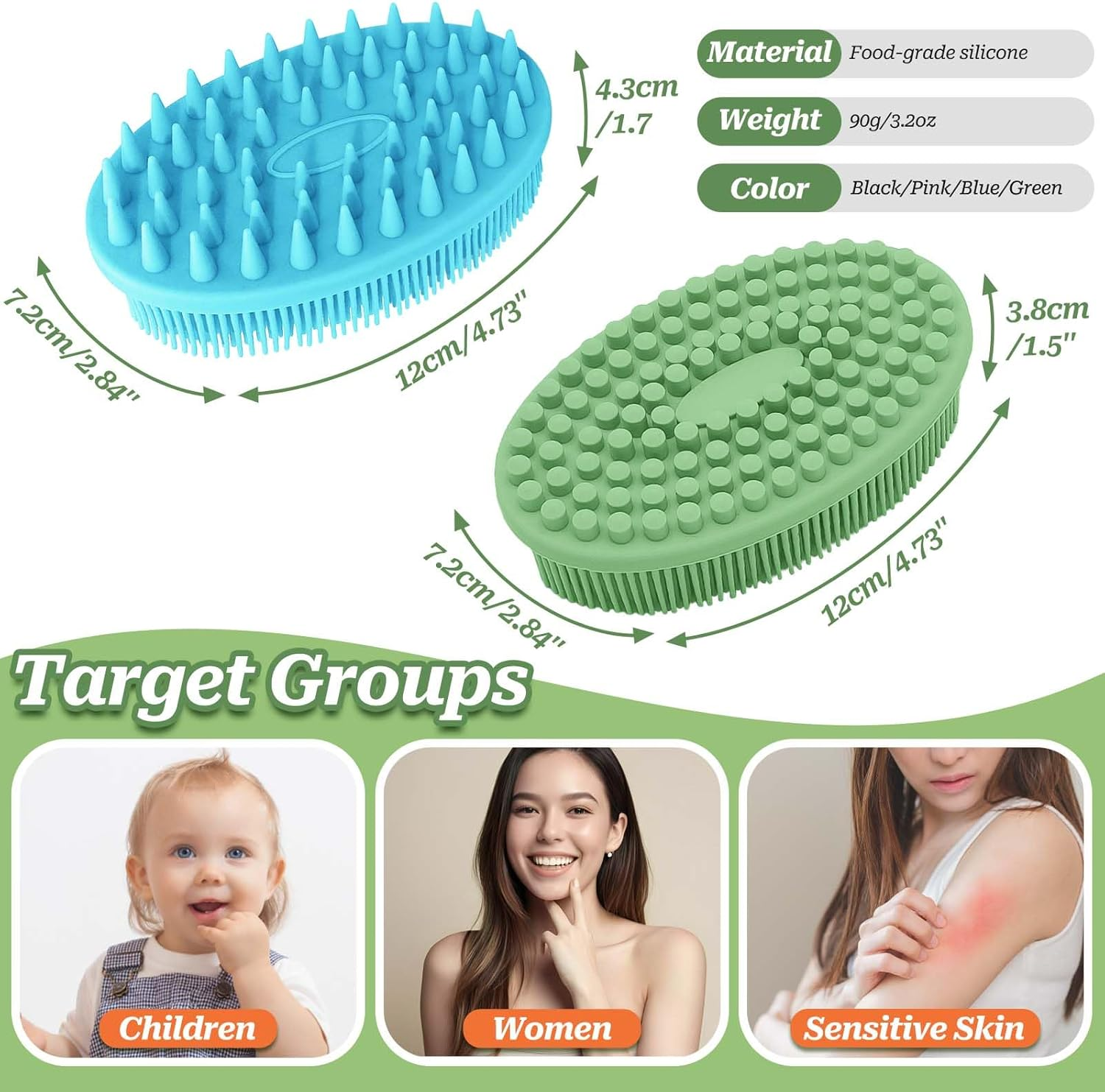 GEENOA Soft Silicone Body Scrubber 2PCS, Dual-Side Silicone Loofah for Shower, Gentle Loofa Alternative, Replaceable Brush Head to Be Used Alone or with Long Handle (Pinkx2)