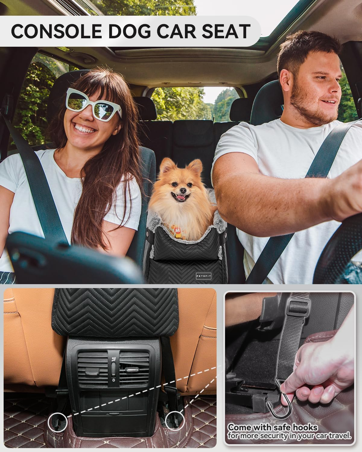 PETSFIT Center Console Dog Car Seat with Safe Protection Hooks, Upgraded Safety Tethers, Washable Cushion, Console Dog Seat for Small Dogs up to 9 Lbs image number 2