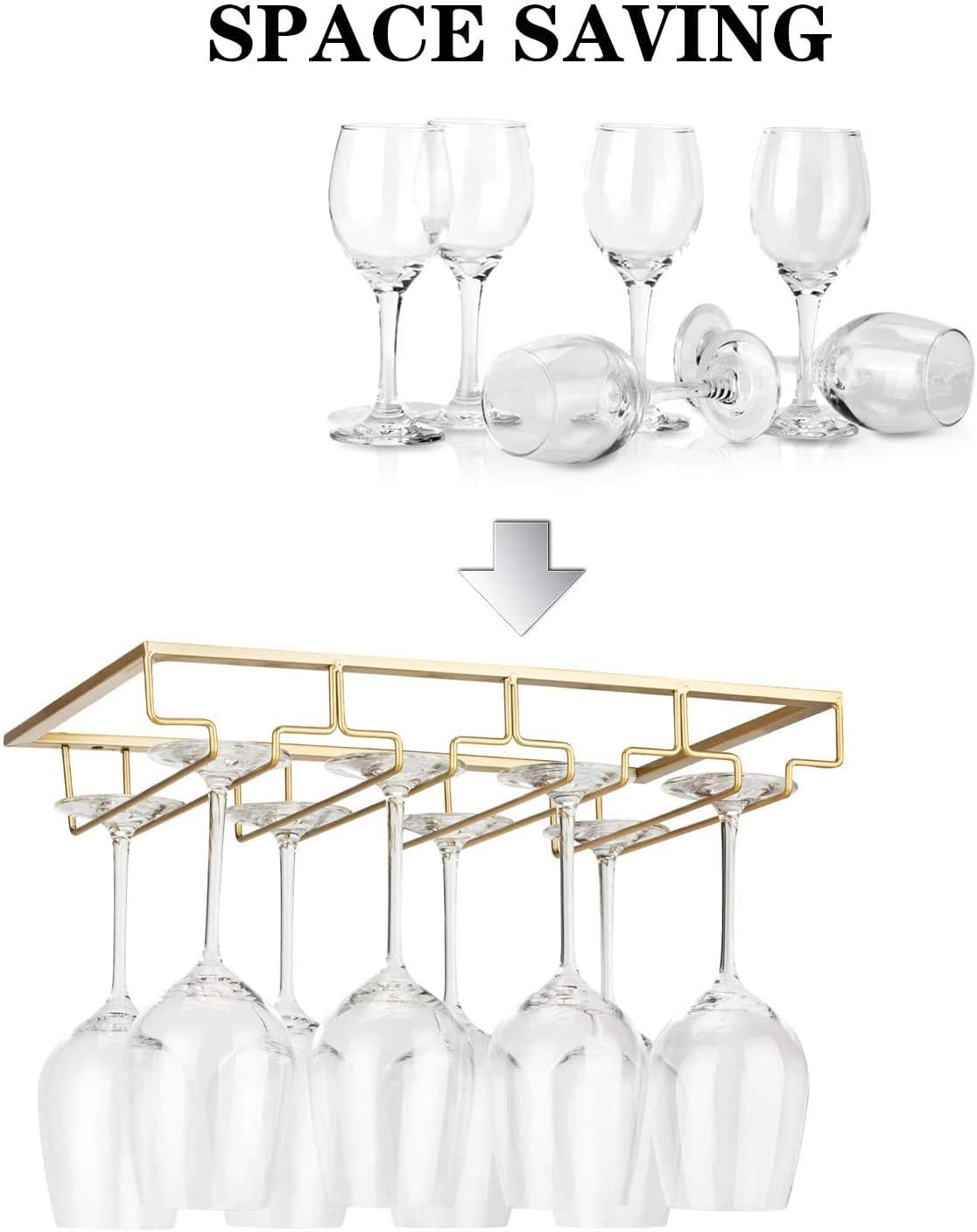 Wine Glass Rack - under Cabinet Stemware Wine Glass Holder Glasses Storage Hanger 2 Pack Metal Organizer for Bar Kitchen 4 Rows Gold image number 6