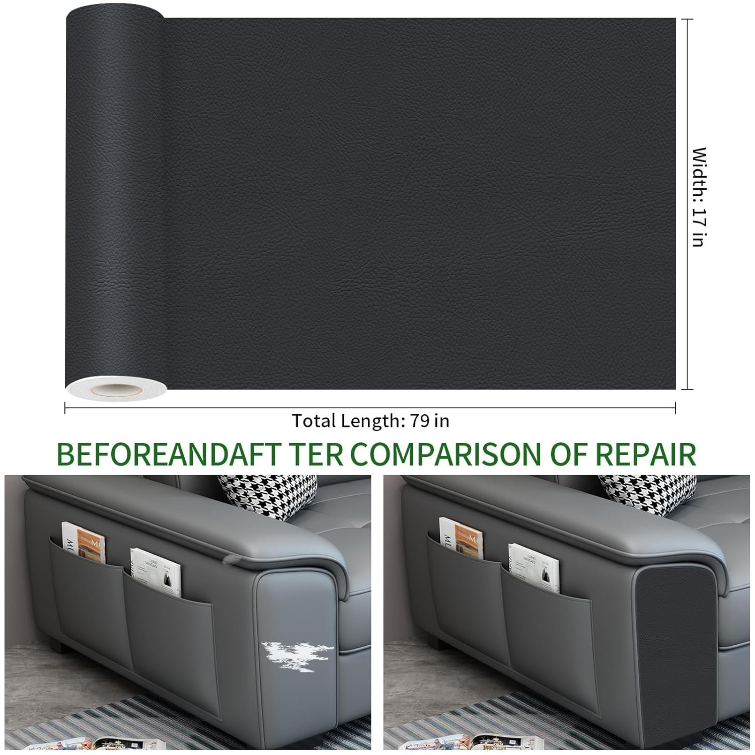 Leather Repair Patch for PU Couches,Self Adhesive Waterproof，Repair Patch Self Adhesive Waterproof for Couches, Furniture, Kitchen Cabinets, Car Seats(Black, 17X79 Inch) -Quttly image number 3