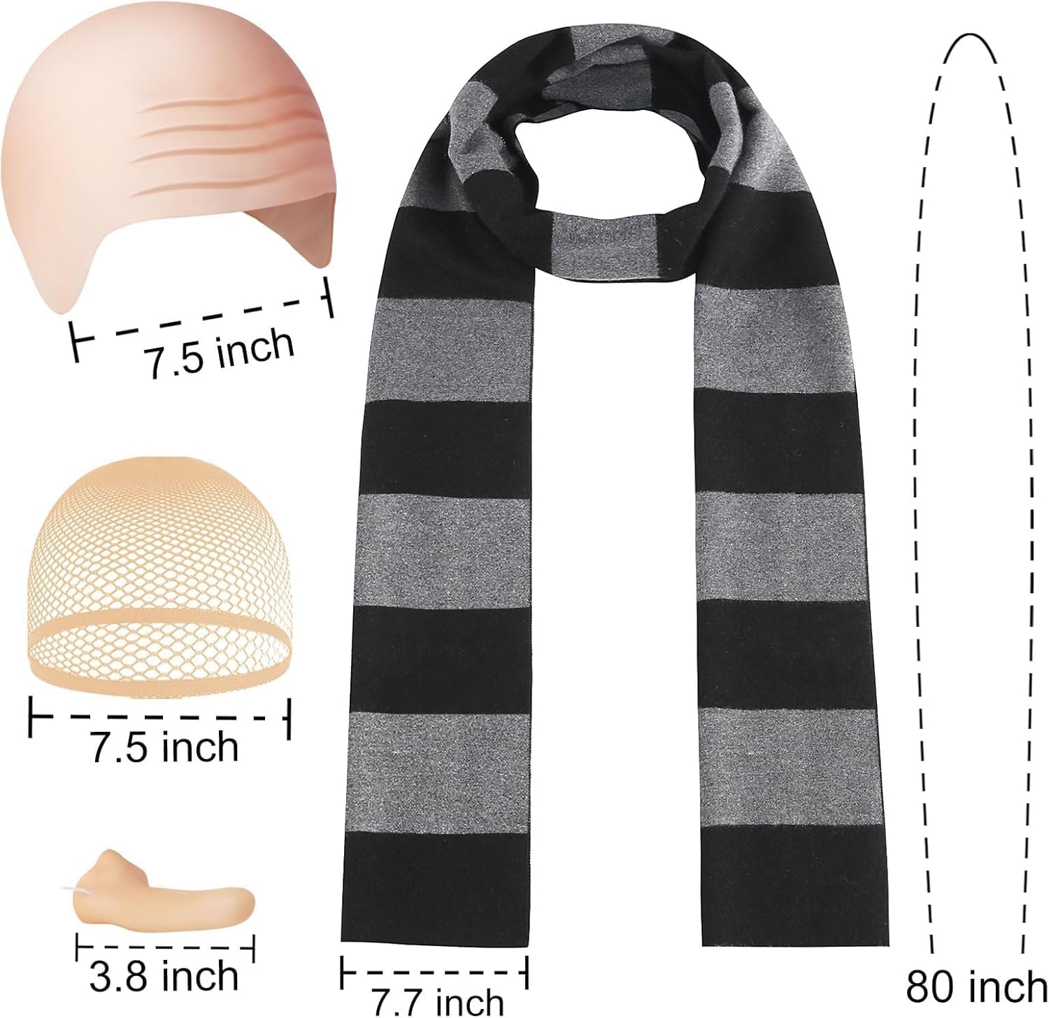 4 Pcs Halloween Costume Accessories for Adult,Black Gray Striped Scarf/Fake Nose/Bald Cap for Men Cosplay Set image number 4