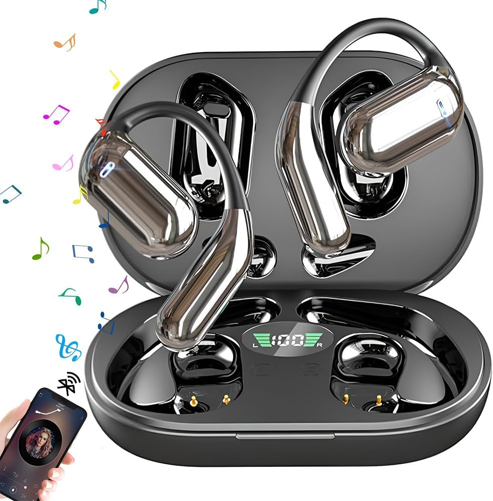 SPOTFISH Open Ear Headphones Bluetooth 5.4, Air Conduction Wireless Earbuds,Earbuds with Earhooks,14.2Mm Enhanced Bass, Earphones Clear Call, 48H Playback Time Sports and Running Office and Leisure