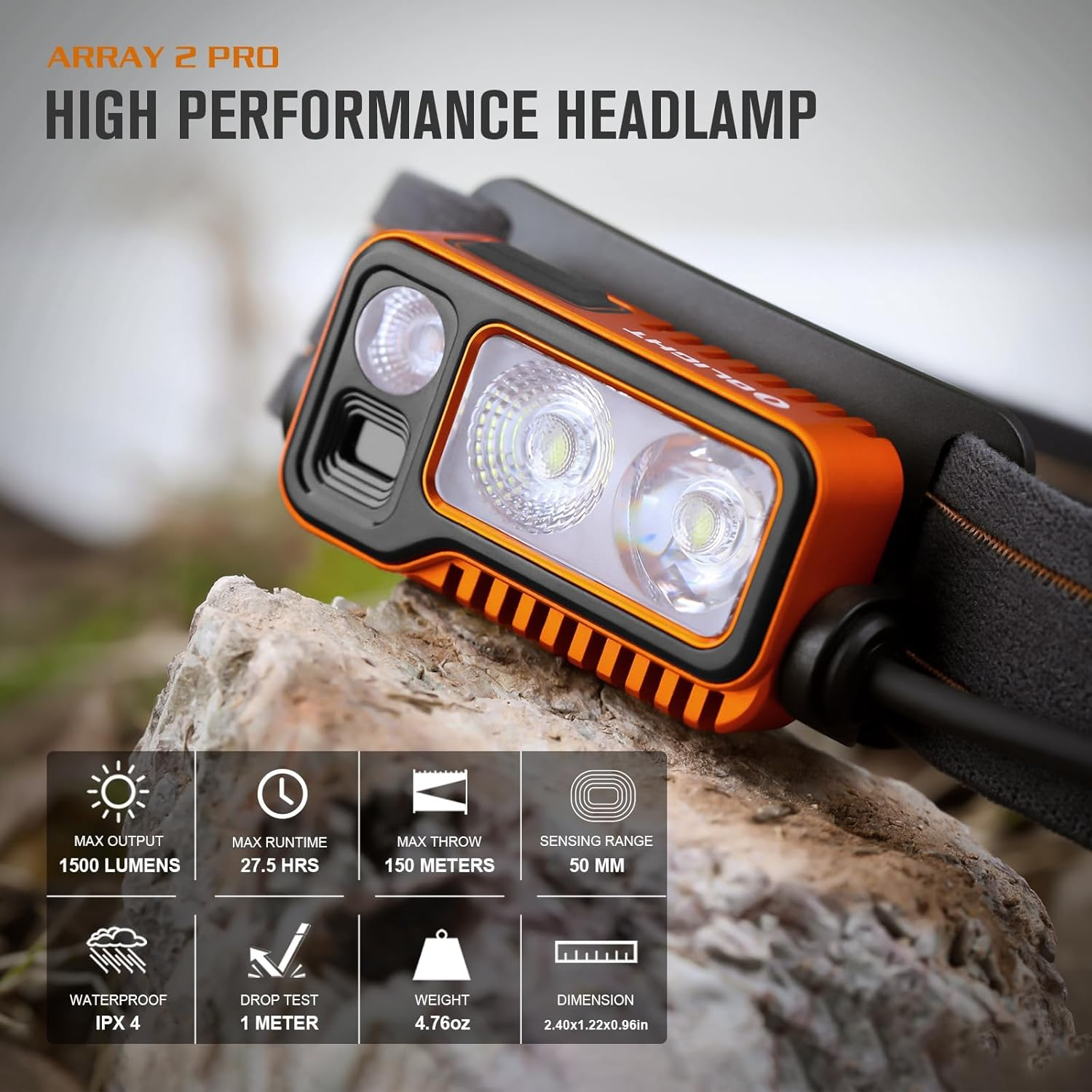 Olight Array 2 Pro LED High Performance Headlamp Rechargeable Max 1500 Lumens Smart Motion Sensor Function Headlight IPX4 Waterproof (Orange) image number 1