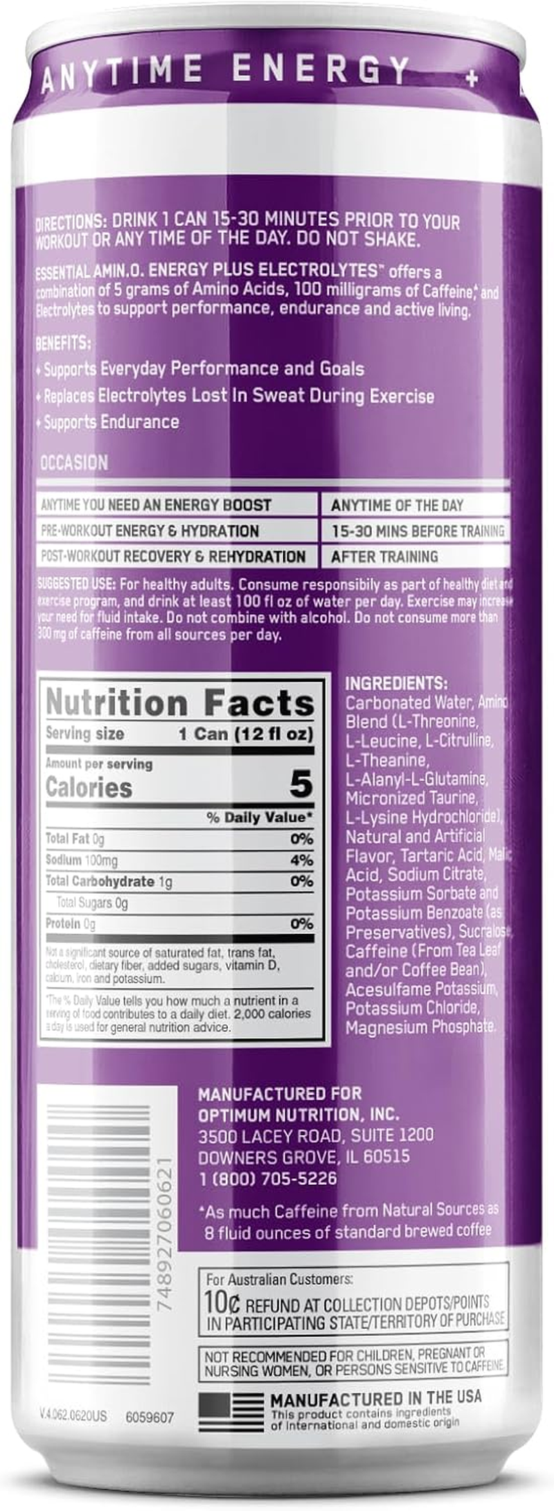 OPTIMUM NUTRITION Amino Energy + Electrolytes Sparkling Hydration Drink, Grape Flavour, 355Ml, 12 Pack image number 1
