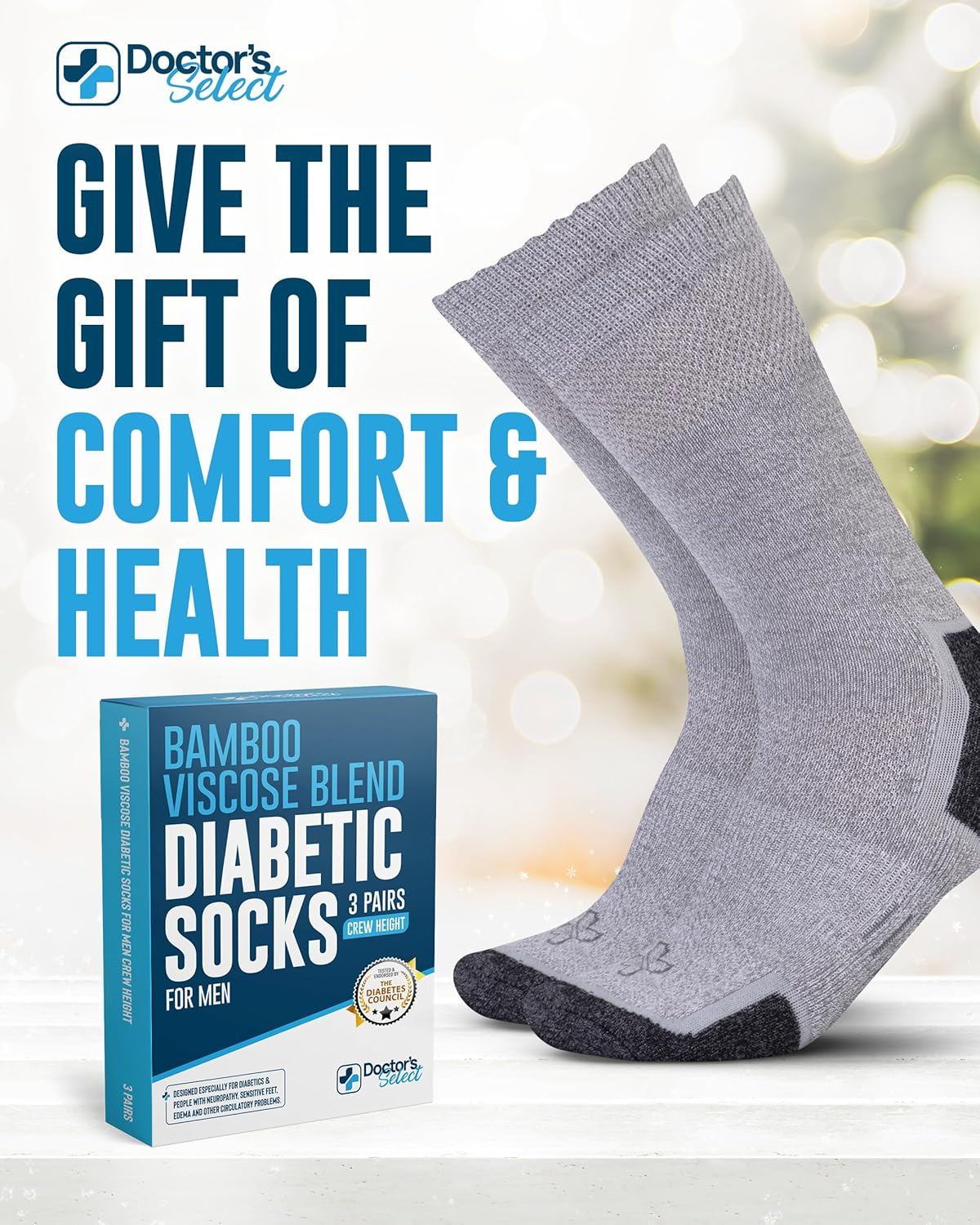 Doctor'S Select Bamboo Viscose Diabetic Socks for Men - 3 Pairs Crew Neuropathy Socks for Men | Diabetic Socks for Men 9-12 image number 4