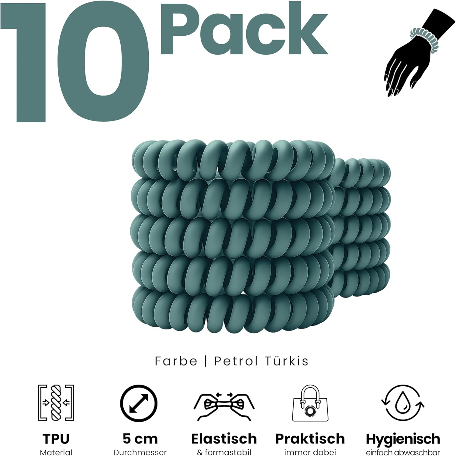 Specora Spiral Hair Scrunchies Petrol Pack of 10-5 Cm - TPU - Telephone Cable Scrunchie - No Pulling & Tangling - Elastic, No Imprint, Gentle on Hair image number 5