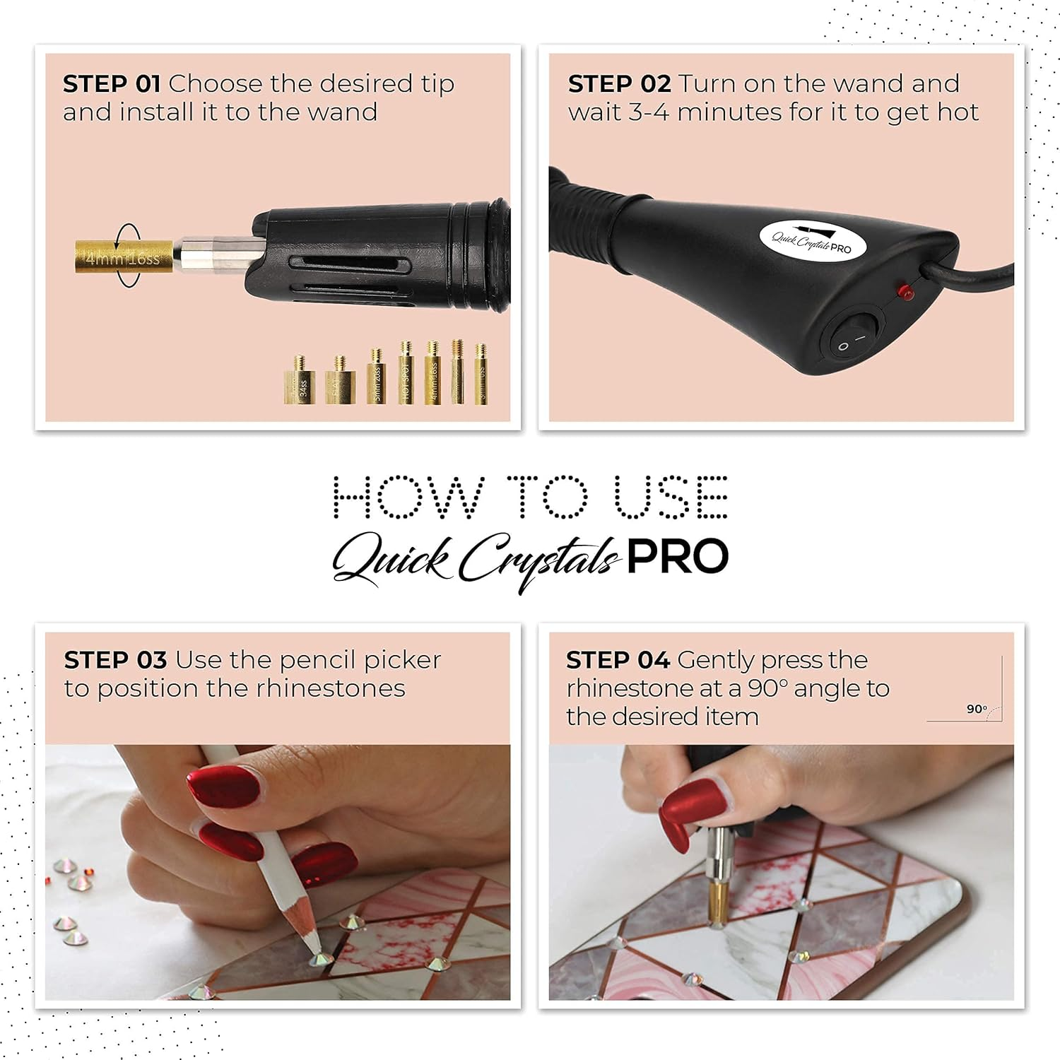 Hotfix Applicator, Quick Crystals Pro, Bedazzler Kit with Rhinestones, DIY Wand Setter Tool Kit with 7 Different Tip Sizes, Tweezers, Cleaning Brush, User Manual, and 4400 Rhinestones. image number 2