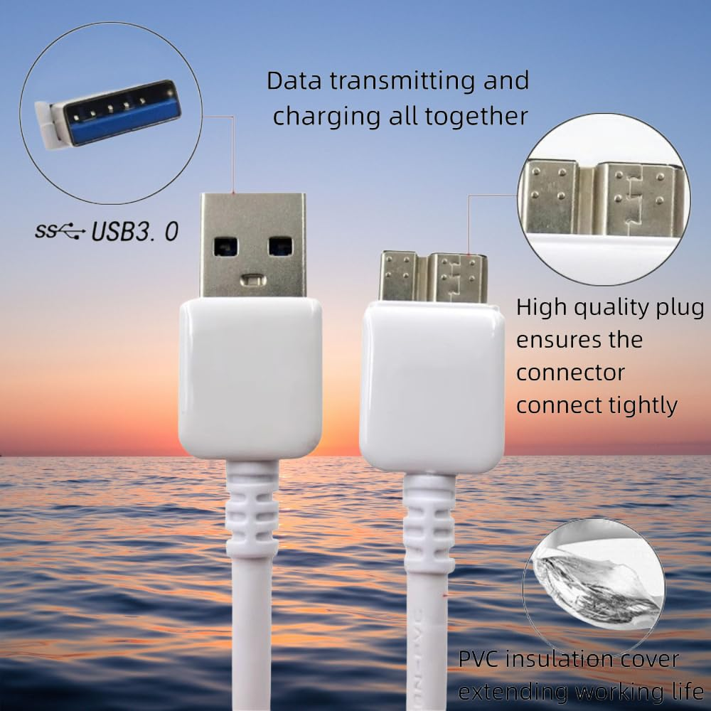 Sam&Johnny 3.3Ft USB 3.0 Data Cable for Note 3 N9000 Charging Cable WD Toshiba Seagate External Hard Drive Cable - White image number 2