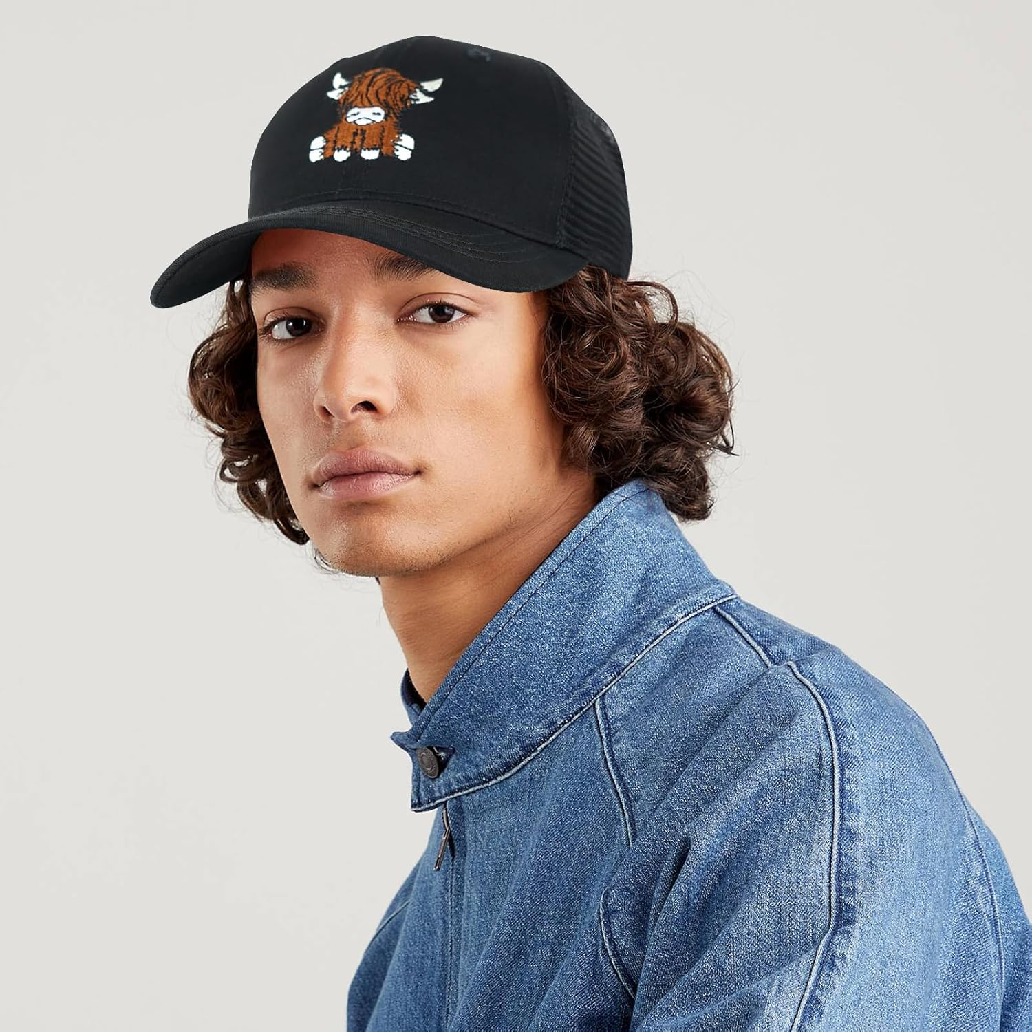 Gswirmchsq Scottish Highland Cow Hat, Cute Embroidery Mesh Baseball Cap Trucker Hats Highland Cow Gifts for Women Men - 01-Beige image number 2